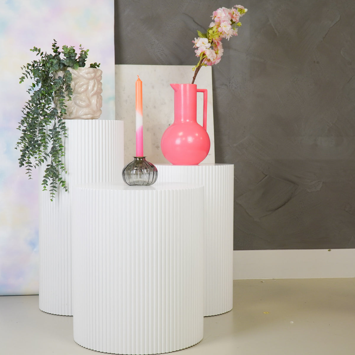 Bijzettafel Rond – Geribbelde Cilinder – MDF – Wit– 39x45cm