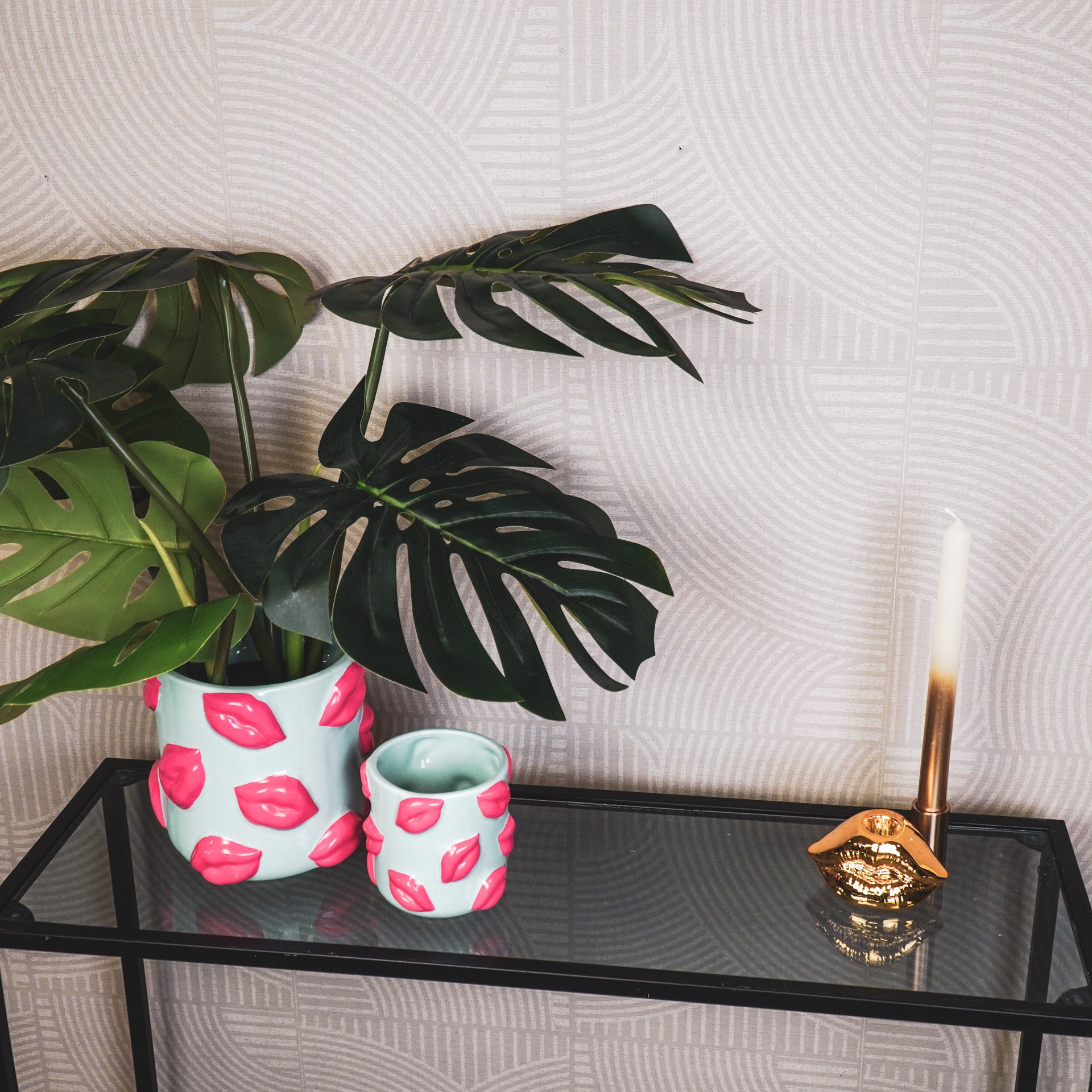 Pot - Planten Pot Lippen - Keramiek - Mint Groen /Roze - 11x11x11,5cm