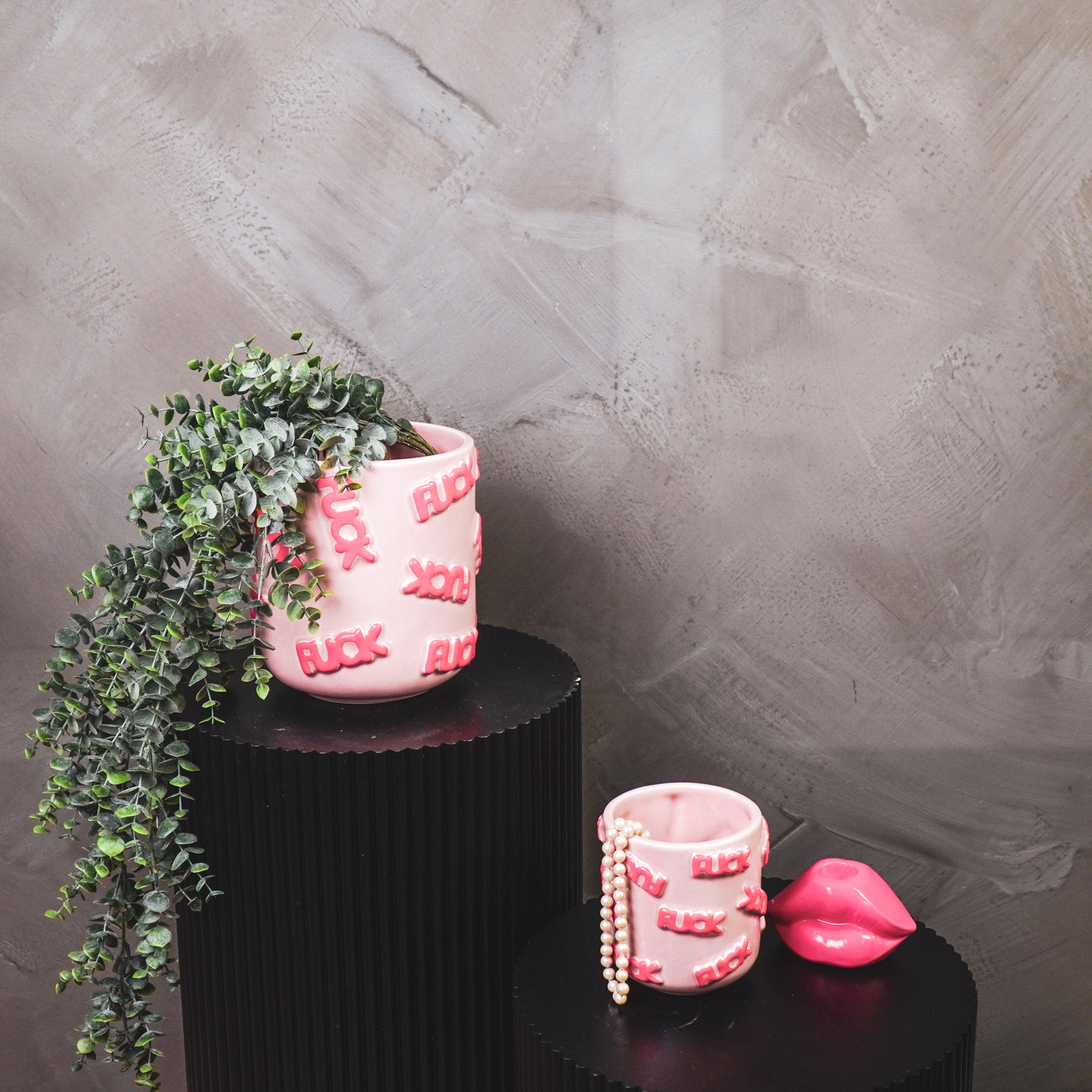 Pot - Planten Pot 'FUCK' - Keramiek - Licht Roze/ Fluor Roze - 11x11x11,5cm