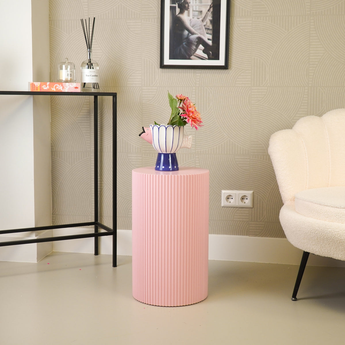 Bijzettafel Rond – Geribbelde Cilinder – MDF – Licht Roze – 30x54cm