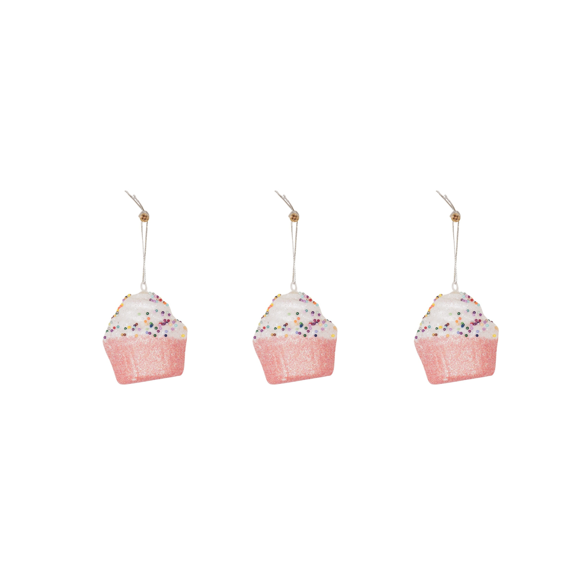Kersthangers - Cupcakes met Discobal Dip - Set van 3 - Roze/Wit - 8x4x7cm
