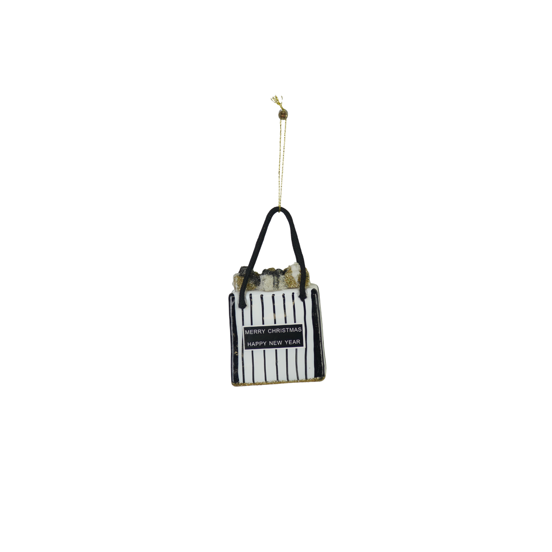 Kerstversiering - Kersthanger - Shopahollic tas - Zwart/ wit/ Goud - Glas - 7x4x8,5cm