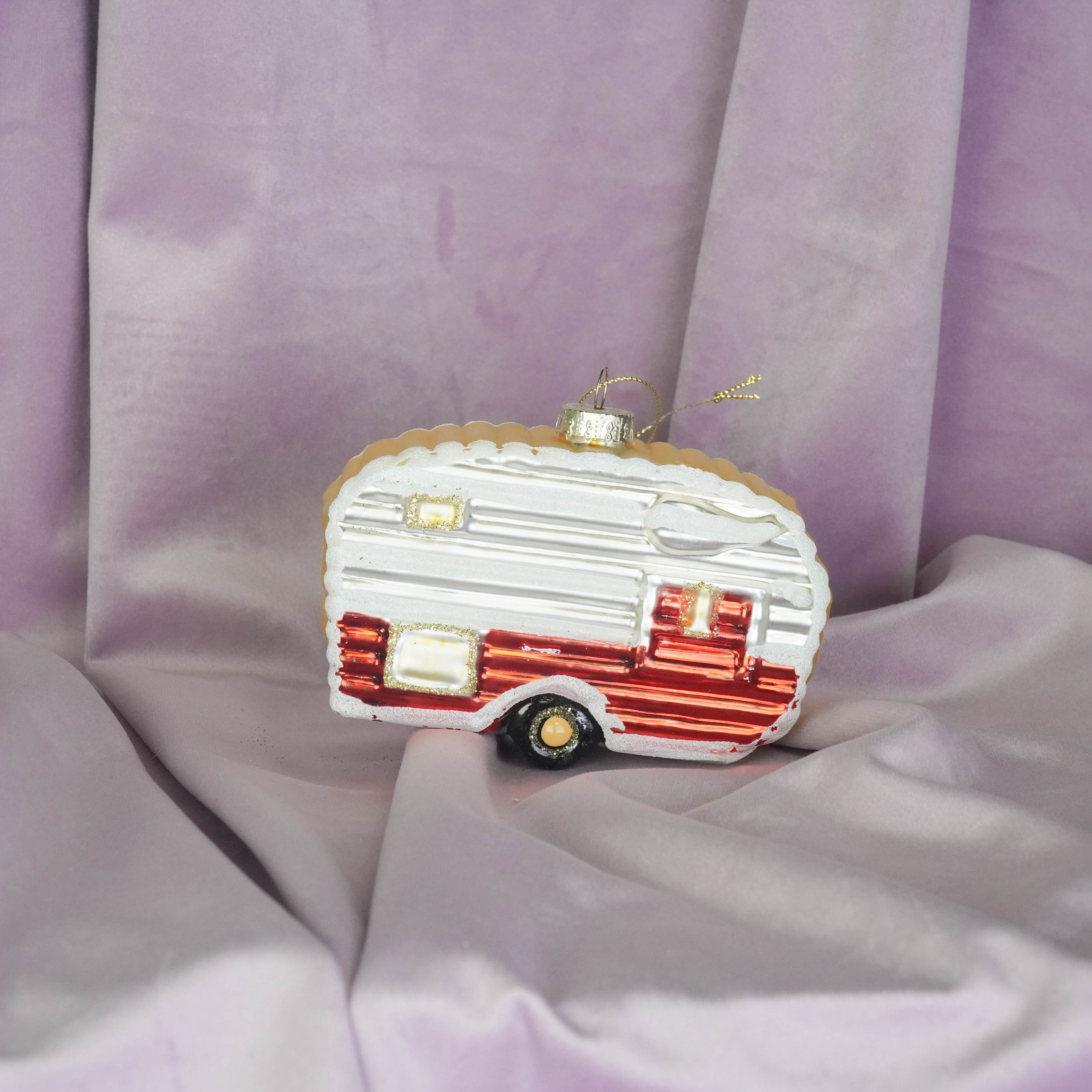 Kerstversiering - Kersthanger - Caravan - Wit/ Rood - Glas - 11,5x5x8cm