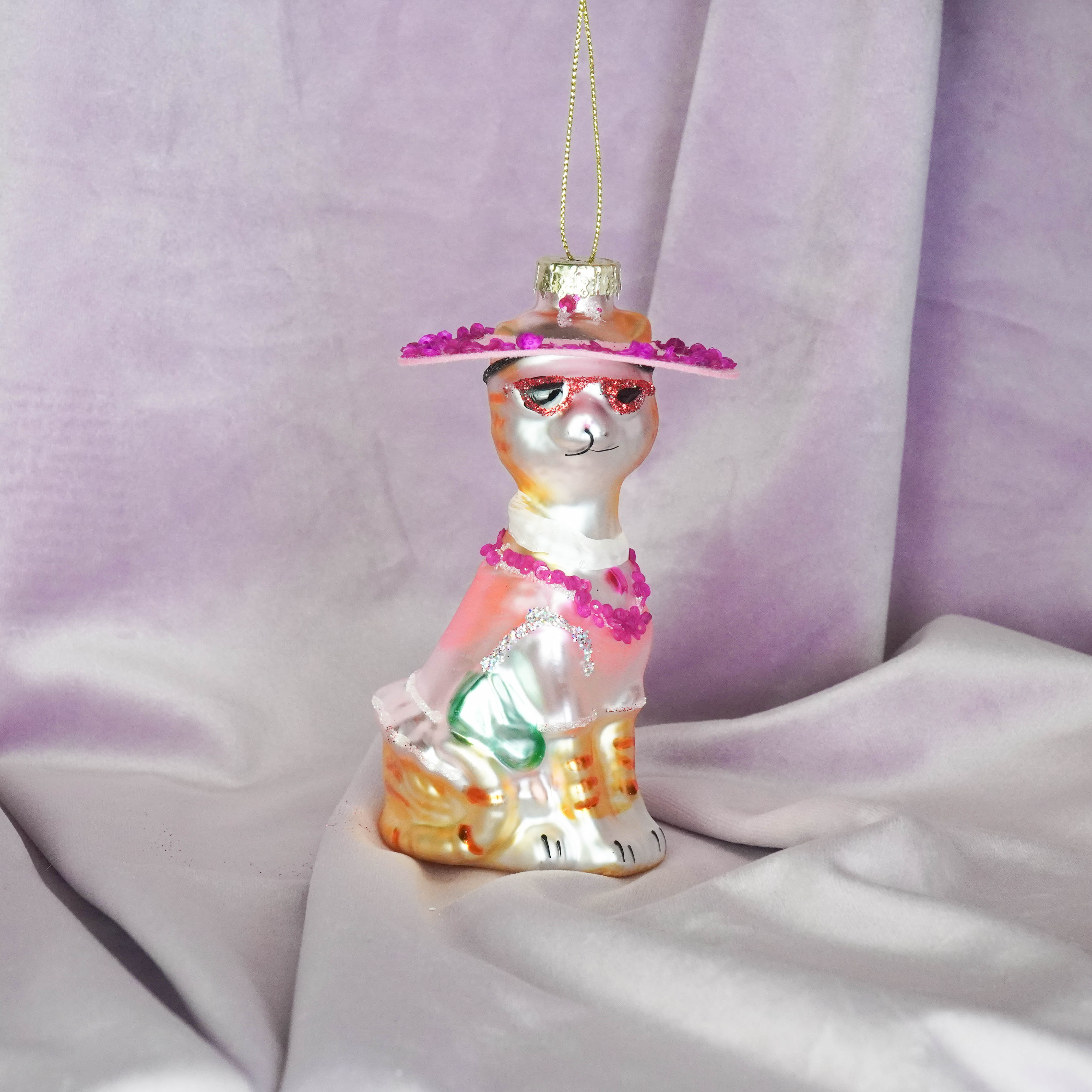Kerstversiering - Kersthanger - Diva Kat - Wit/ Roze - Glas - 12x6x5cm