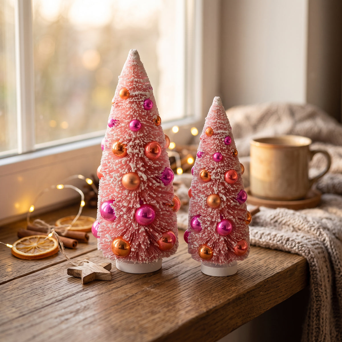 Kerst Decoratie - Kerstboom met gekleurde ballen - Sisal/ Kunststof - Roze - 12x31 cm