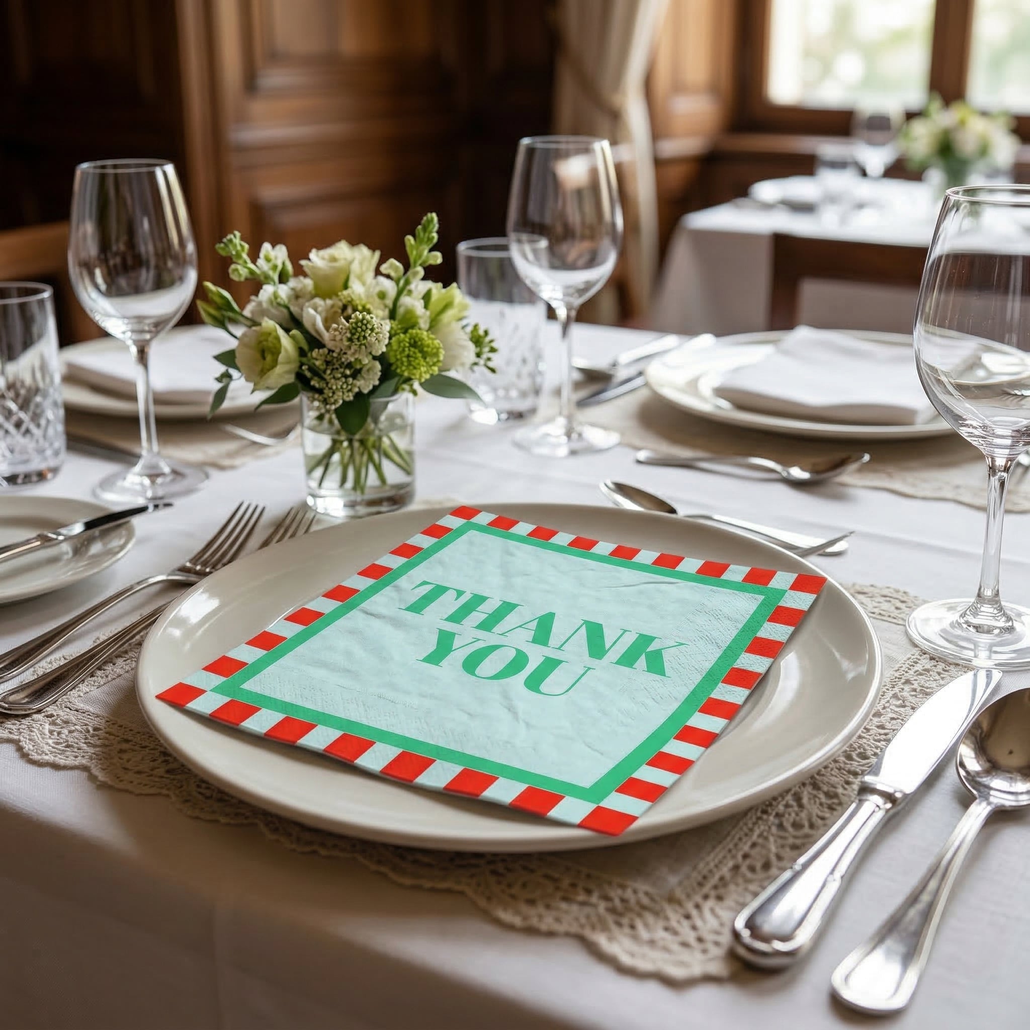 Papieren Servetten 33x33 cm – 3-Laags – FSC –Mint/Rood/Groen – 'Thank you' – 20 Stuks