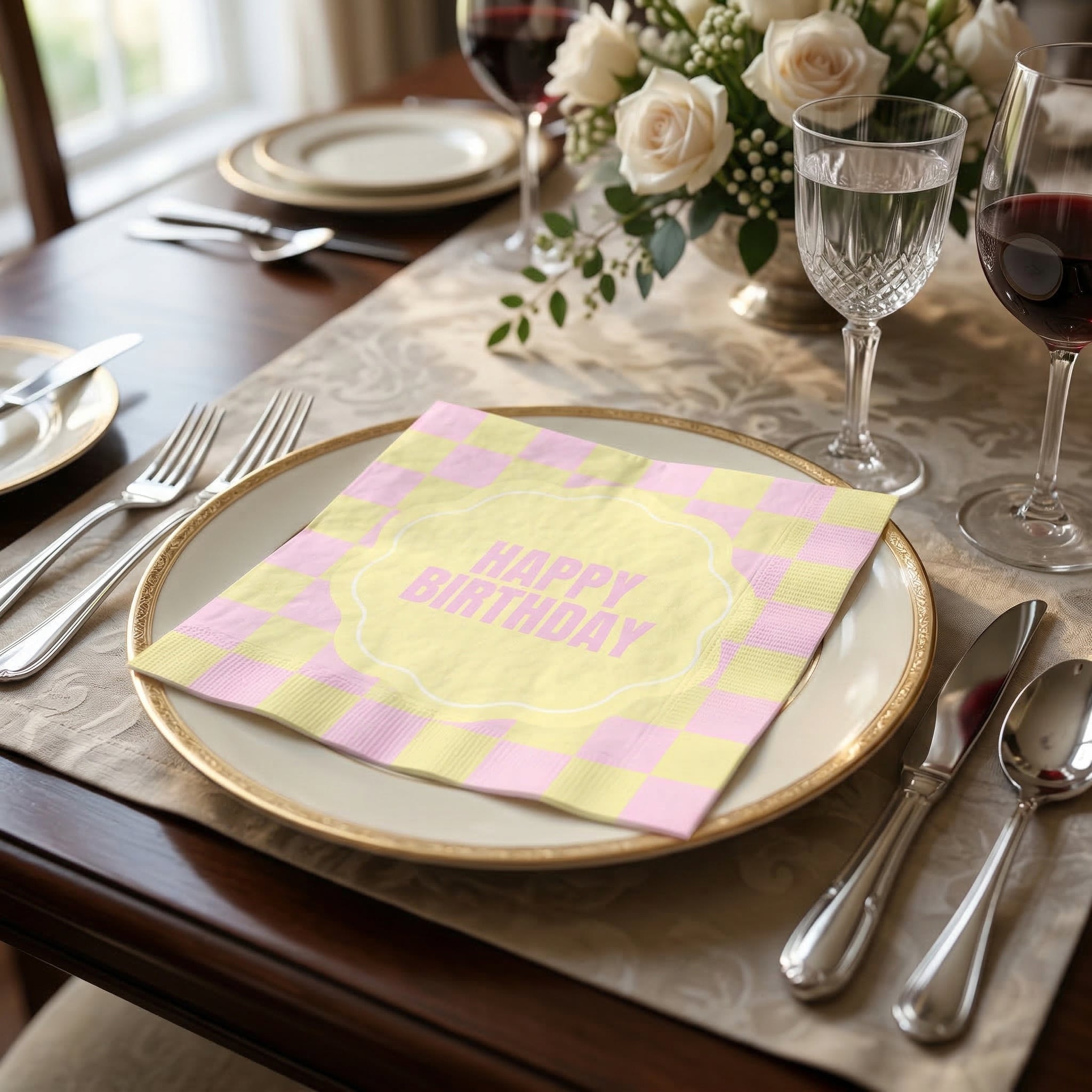 Papieren Servetten 33x33 cm – 3-Laags – FSC – Roze/Geel – 'Happy Birthday' – 20 Stuks
