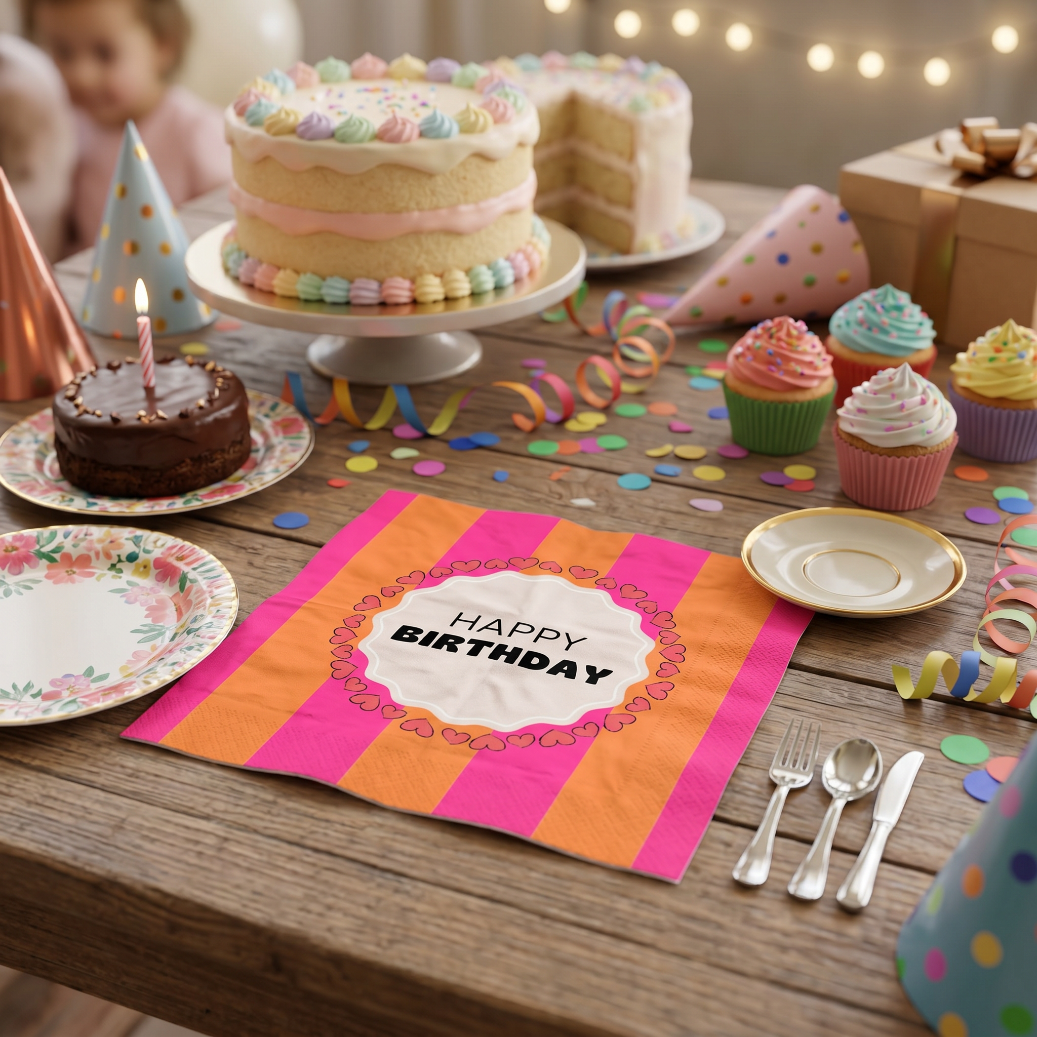 Papieren Servetten - "Happy Birthday" - Roze/Oranje - 3-Laags - FSC - 33x33 cm - 20 Stuks