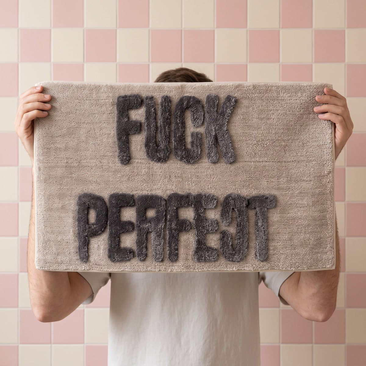 Badmat - Fuck Perfect - Katoen/ Polyester - Beige/Grijs - 80x50x1 cm