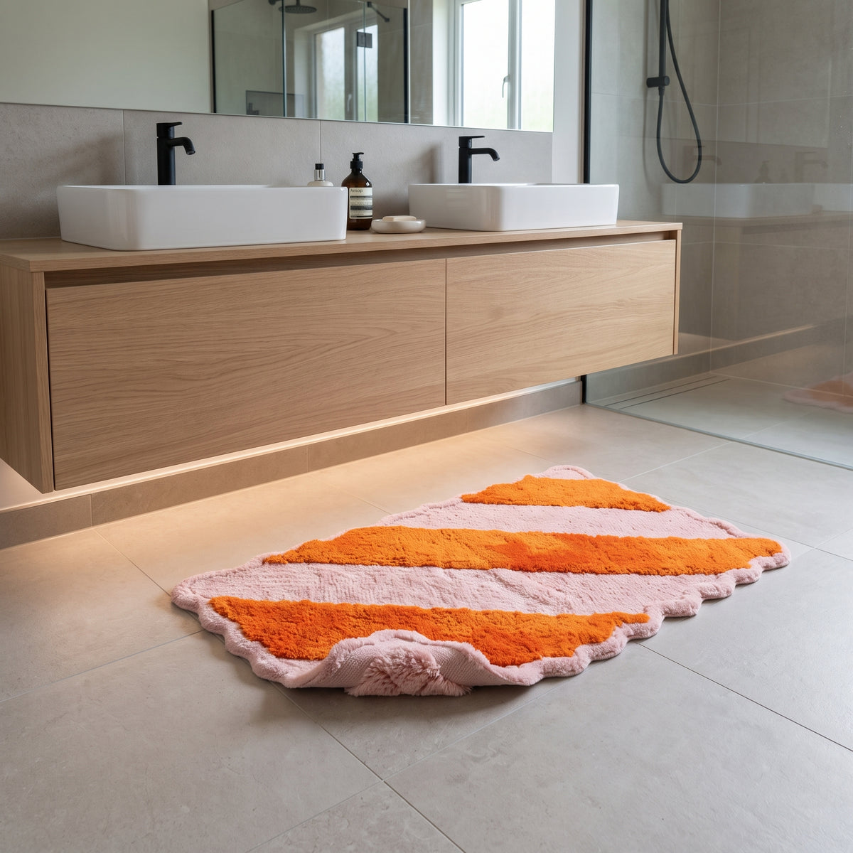 Badmat - Gestreept - Katoen/ Polyester - Lichtroze/ Oranje - 80x50x1 cm