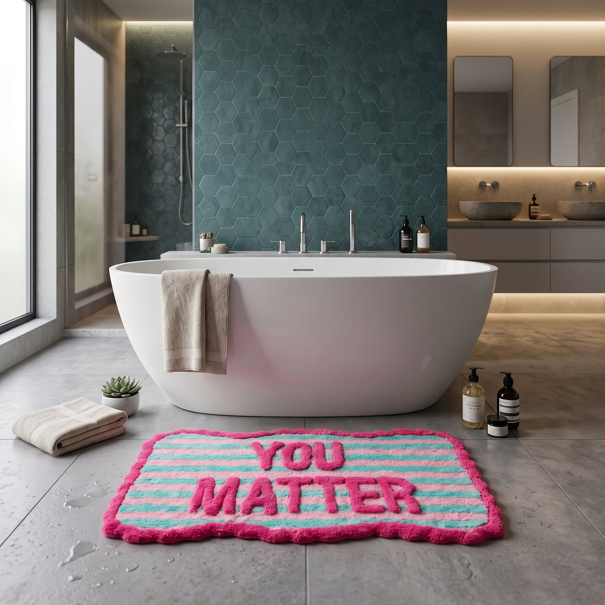 Badmat - You Matter - Katoen/ Polyester - Roze/ Mint- 80x50x1 cm