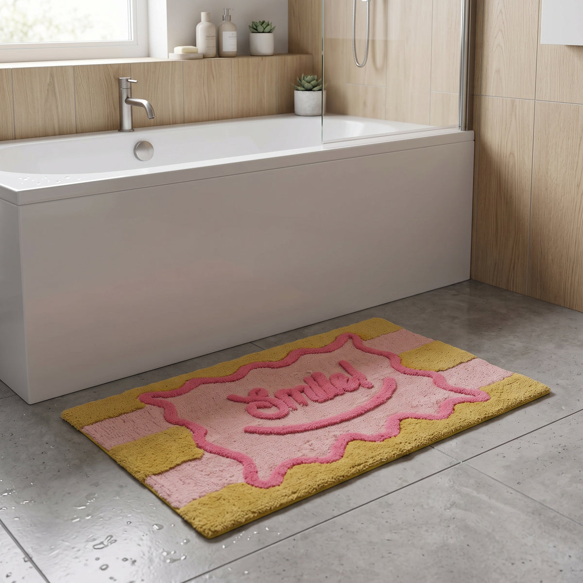 Badmat - Smile- Katoen/ Polyester - Roze/ Geel- 80x50x1 cm