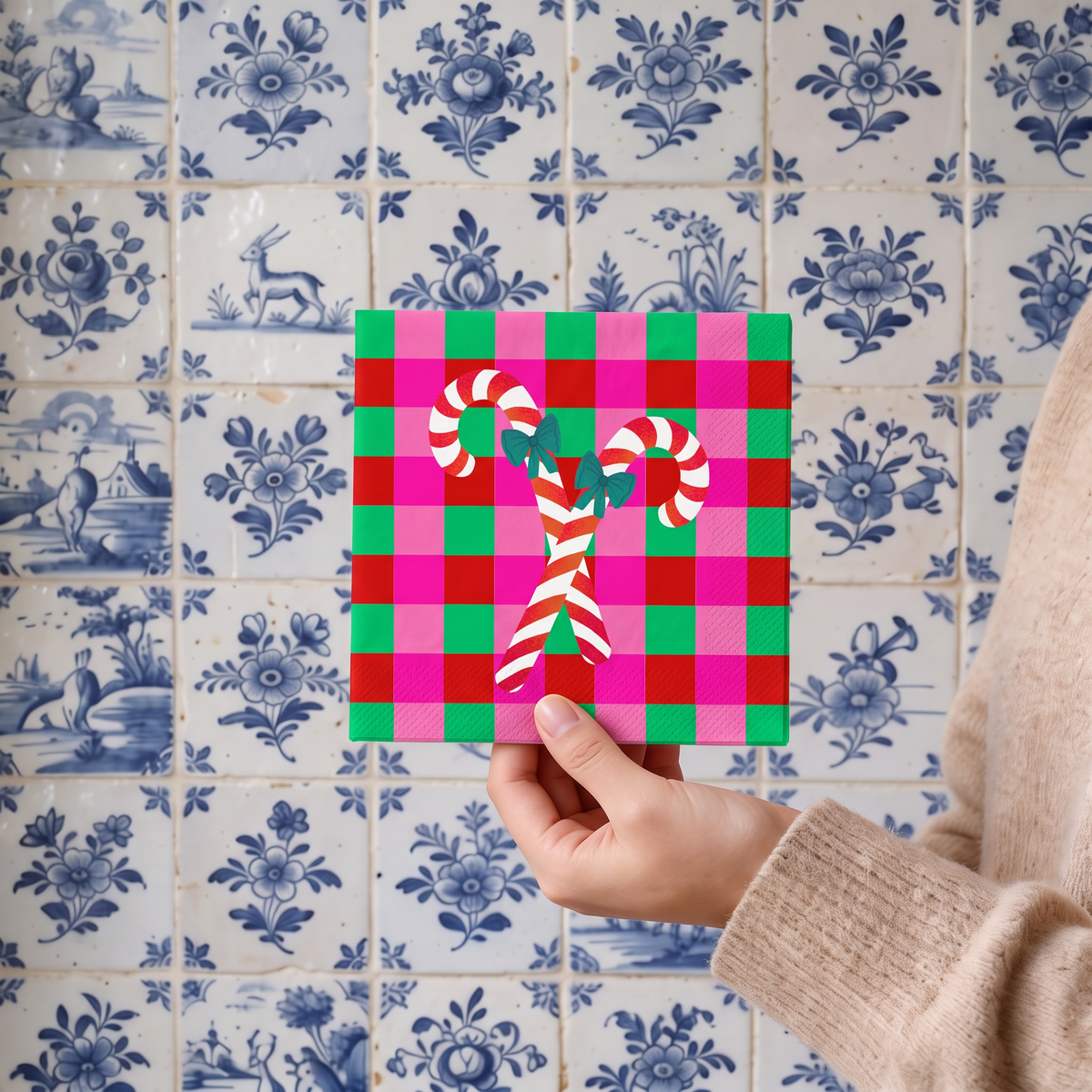 Papieren Servetten - Kerst Servet "Zuurstokken" - Rood/ Roze/ Groen - 3-Laags - FSC - 33x33 cm - 20 Stuks