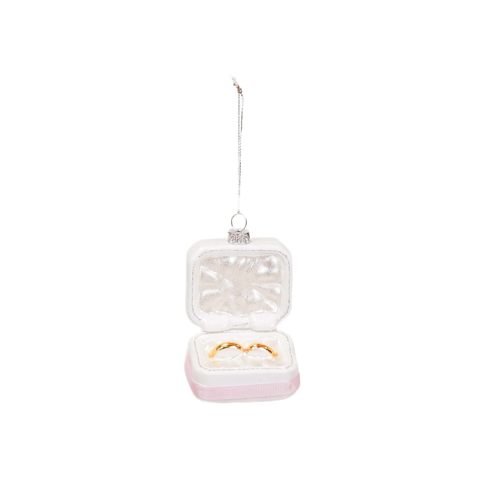 Kerstversiering -  Kersthanger - Trouw Ringen in Doosje - Roze/ Wit/ Goud - Glas - 6,5x4,5x11cm