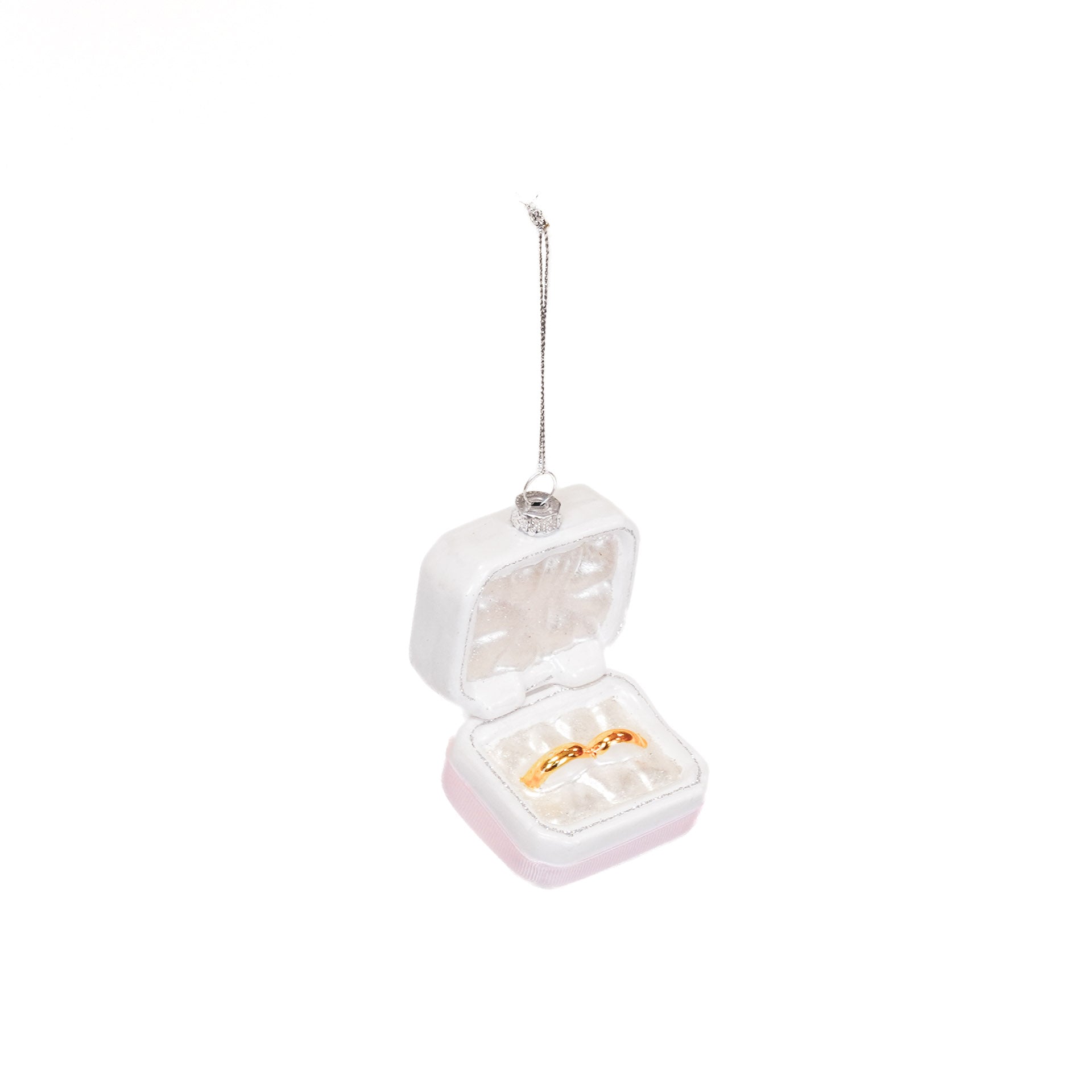 Kerstversiering -  Kersthanger - Trouw Ringen in Doosje - Roze/ Wit/ Goud - Glas - 6,5x4,5x11cm