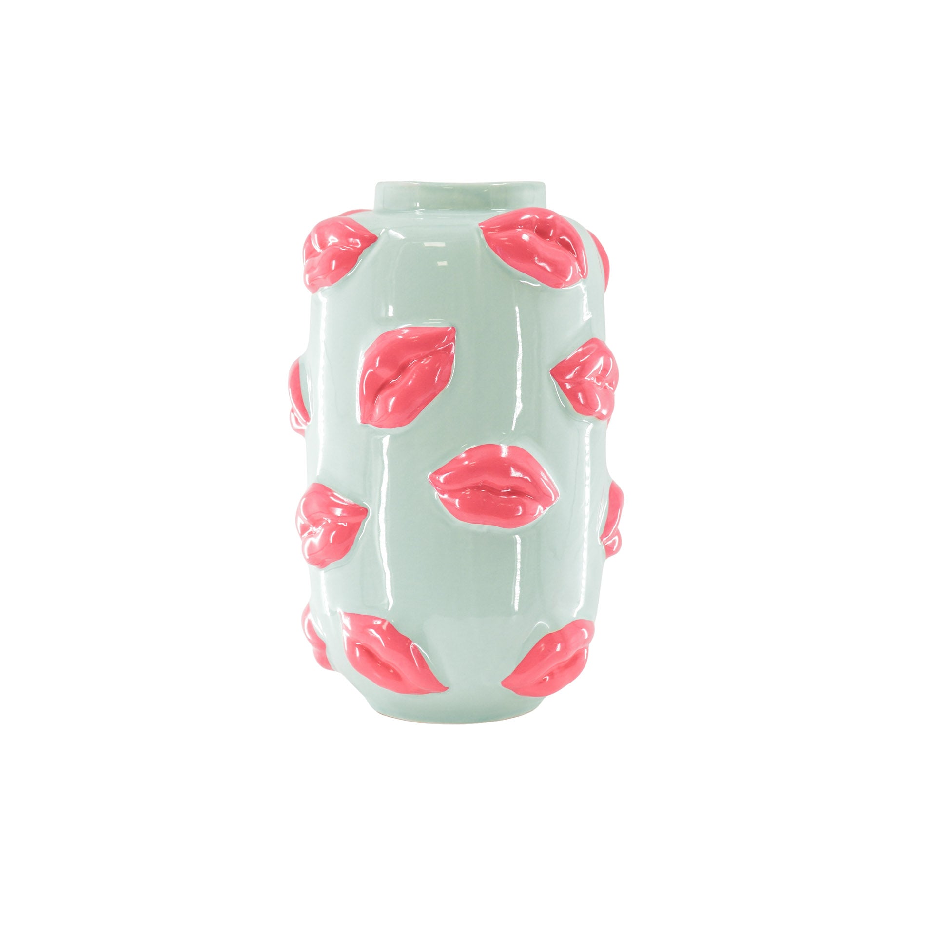 Vaas - Bloemenvaas Lippen - Keramiek - Mint Groen/ Fluor Roze -  17x17x27cm