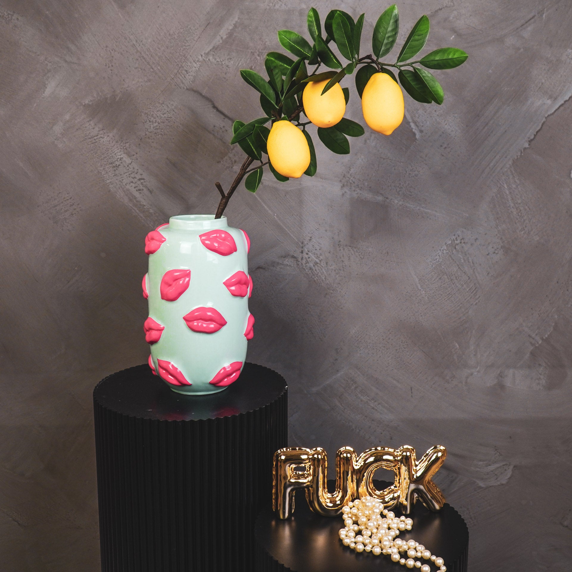 Vaas - Bloemenvaas Lippen - Keramiek - Mint Groen/ Fluor Roze -  17x17x27cm