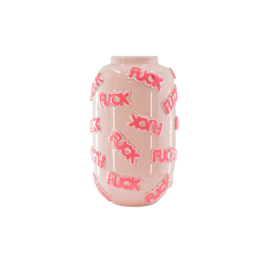 Vaas - Bloemenvaas 'FUCK' - Keramiek - Lichtroze/Fluorroze - 17x17x27cm