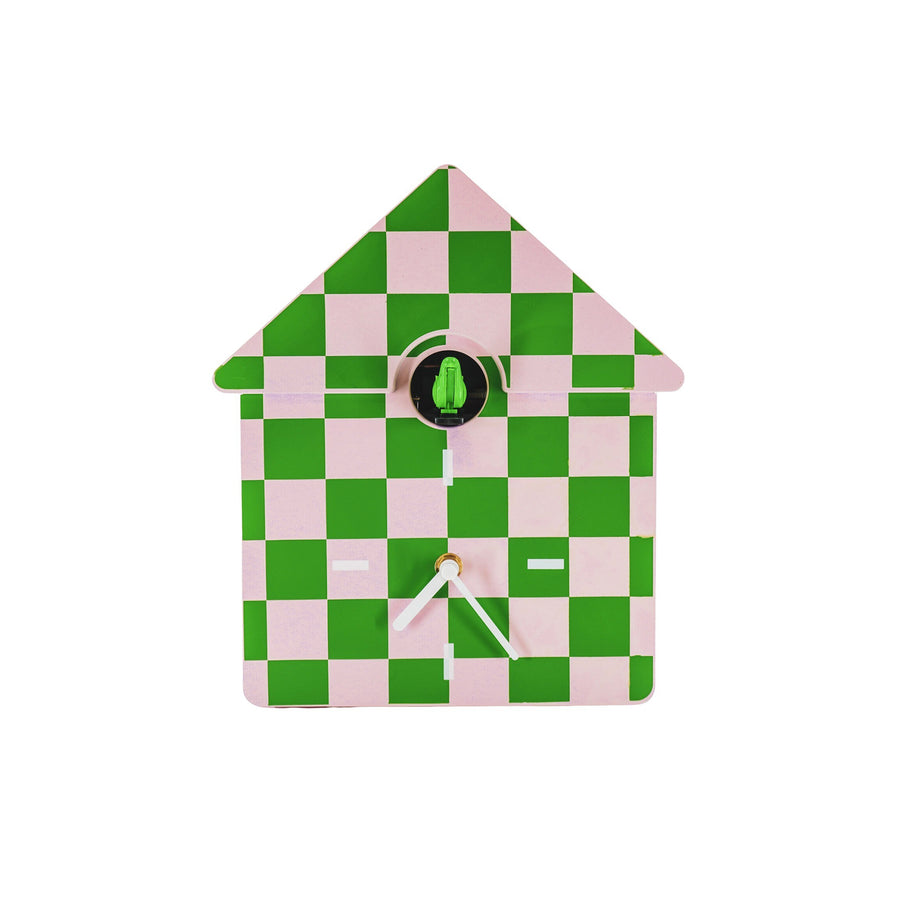 Klok - Wandklok Koekoeksklok - Geruit Patroon - Groen/Roze - 24x27x9cm
