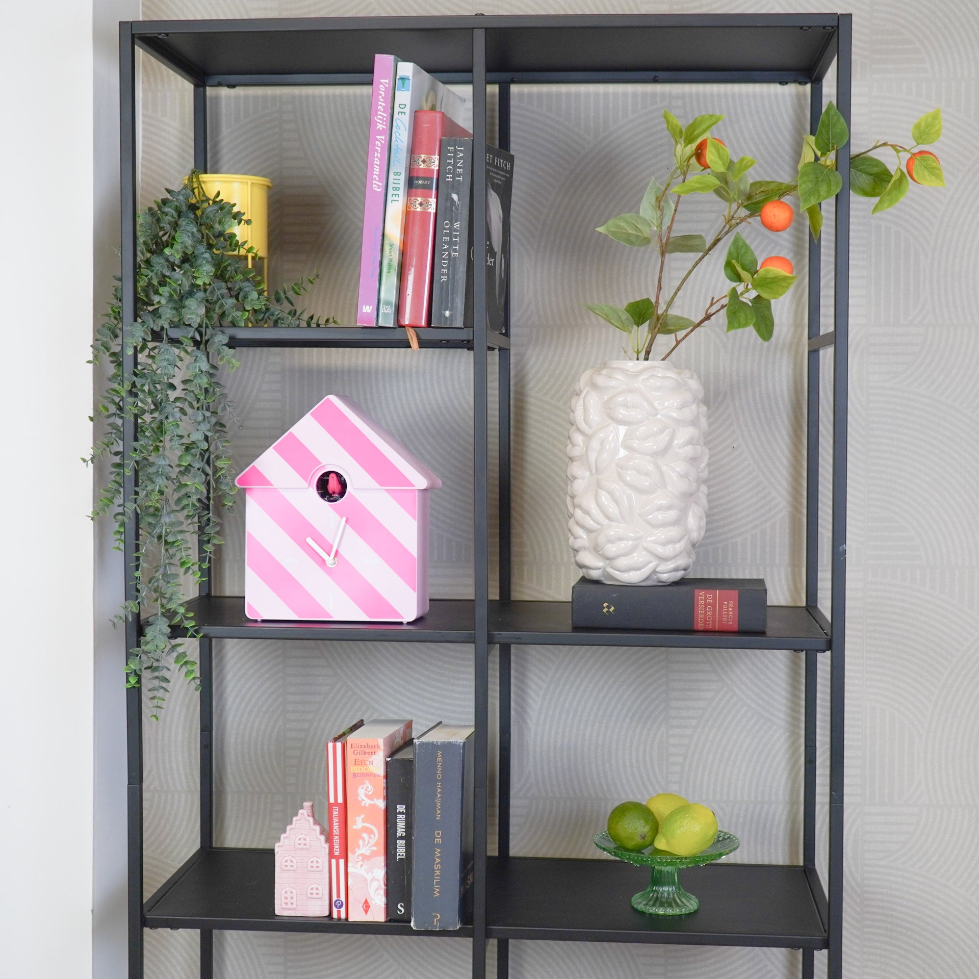 Klok- Wandklok Koekoeksklok - Gestreept Patroon- Licht roze / Neon Roze - 24x27x9cm