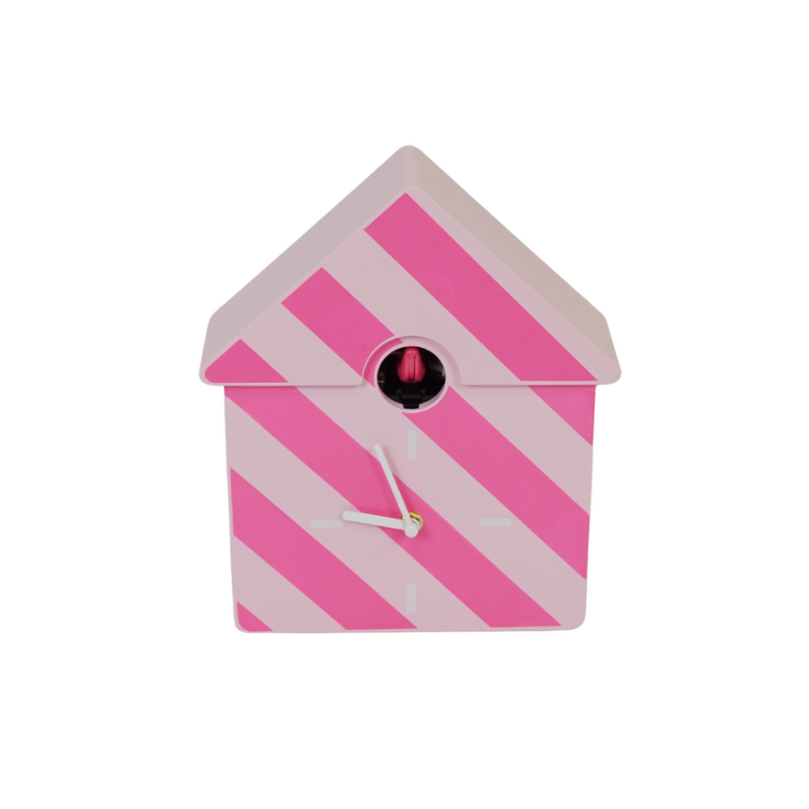 Klok- Wandklok Koekoeksklok - Gestreept Patroon- Lichtroze / Neonroze - 24x27x9cm