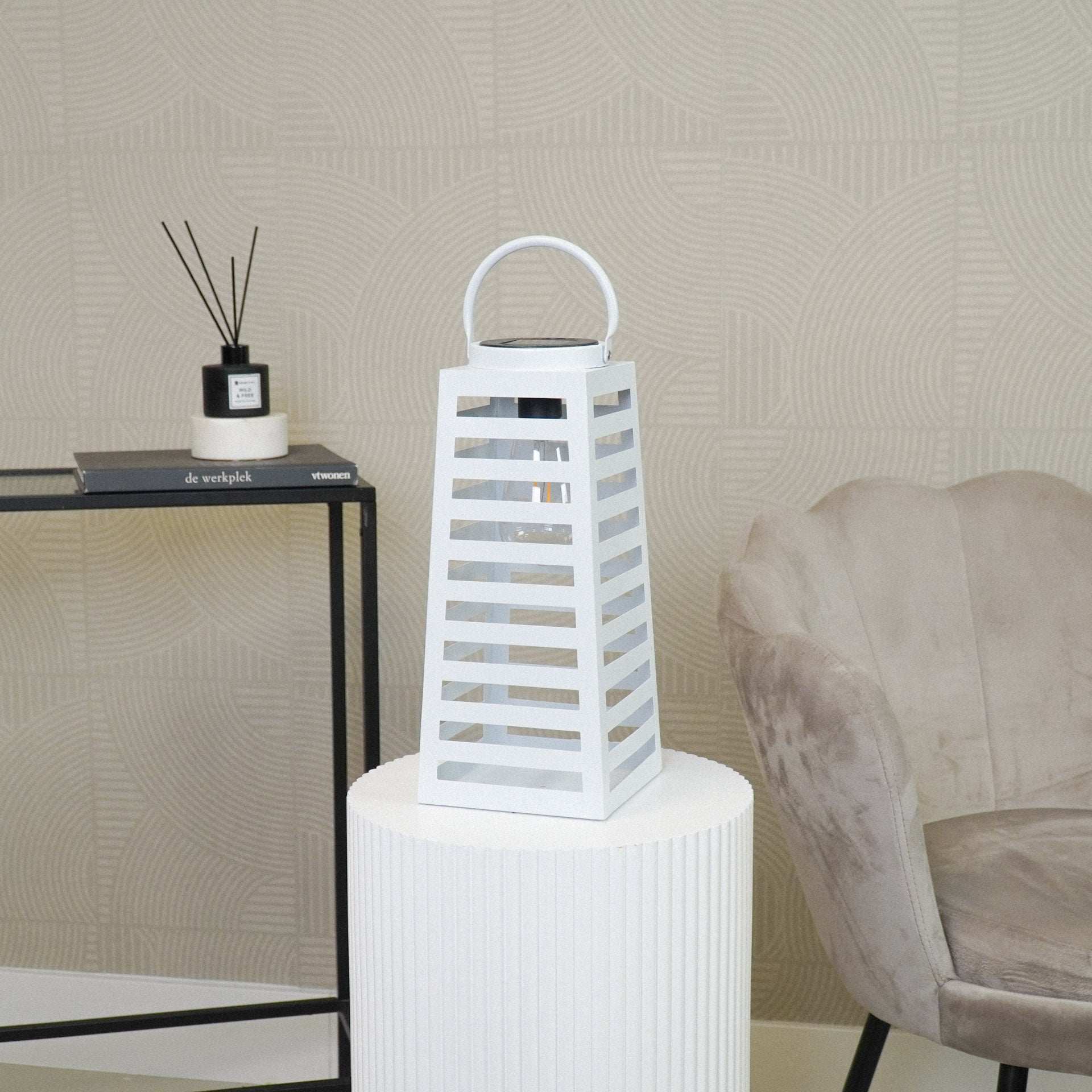 Lamp- Lantaarn/Windlicht  - Solar - Metaal - Wit - 14x14x32,5cm