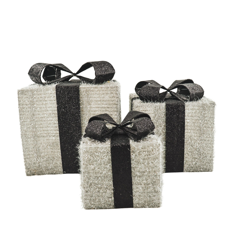 Kerst LED Lamp - Cadeauset van 3 - Kunststof - Zilver/Zwart - 15cm/20cm/25cm