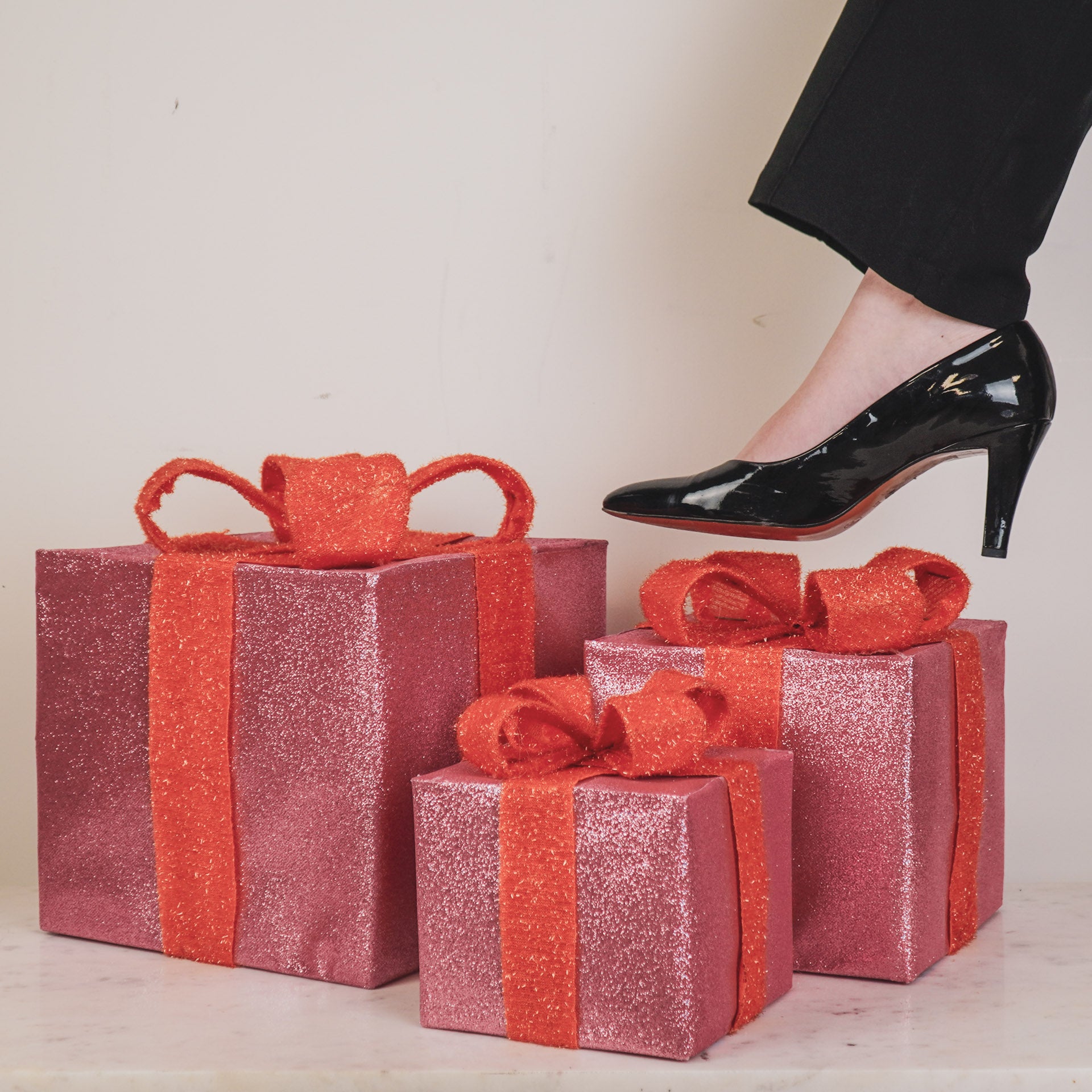 Kerst Led Lamp - Cadeau Set van 3 - Kunststof - Oranje/Roze - 15cm/20cm/25cm