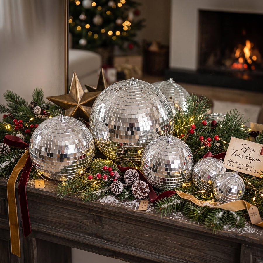 Set van 5 Disco Kerstballen – Zilver – Foam – 8/10/15/20/25 cm – Kerst Hangdecoratie