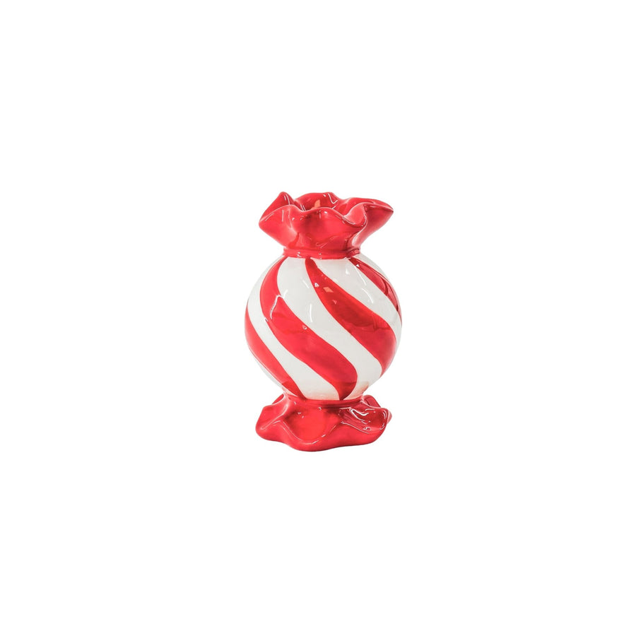Candle Holder - Round Toffee Candy Candle Holder - Ceramic - Red/White - 8.5x8.5x13 cm