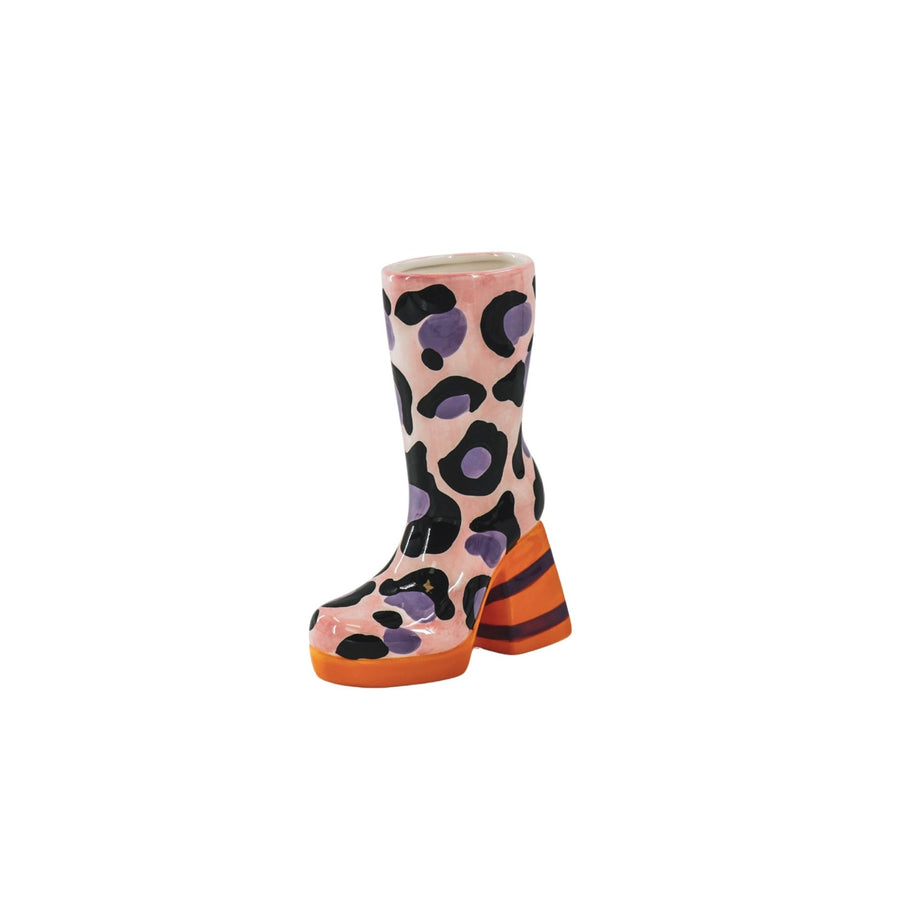 Bloemenvaas - Laars met Luipaardprint Vaas - Keramiek - Roze/Oranje - 18x8x24 cm