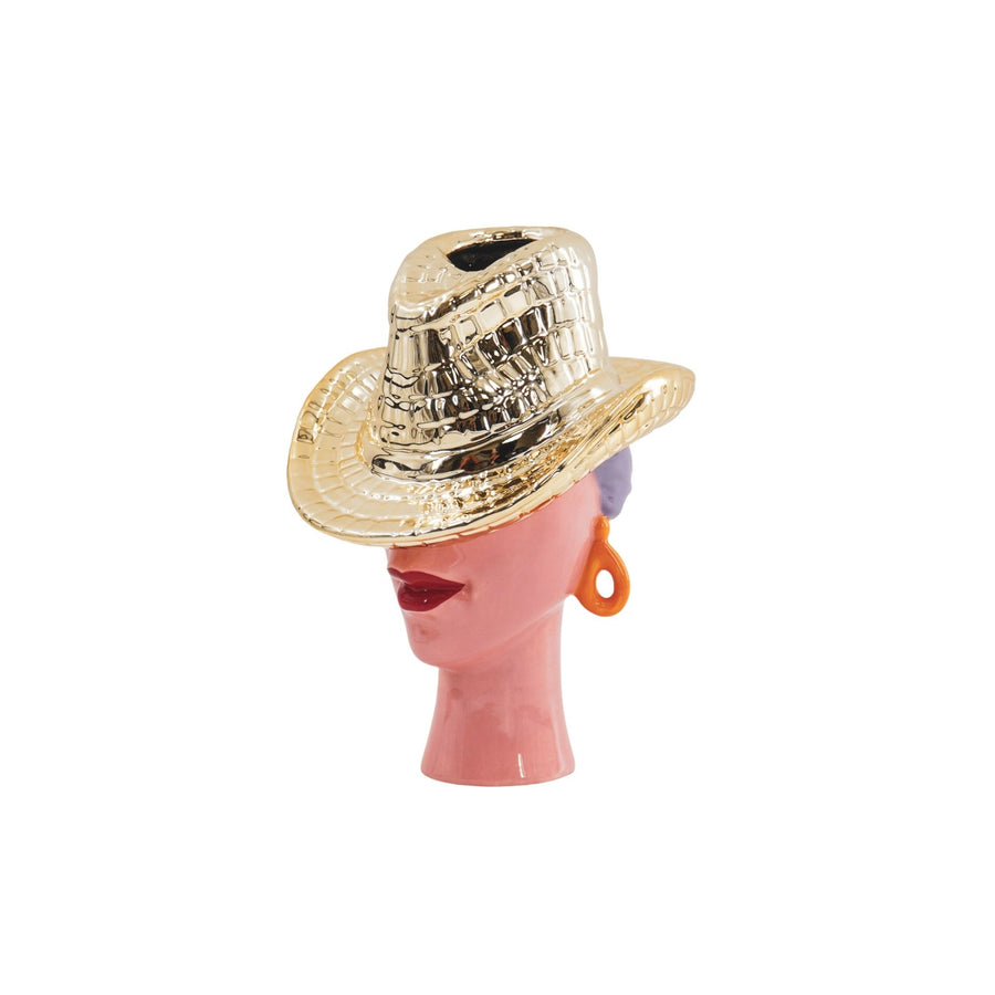 Flower Vase- Woman with Cowboy Hat Vase- Ceramic- Gold- 19x16x23.5 cm