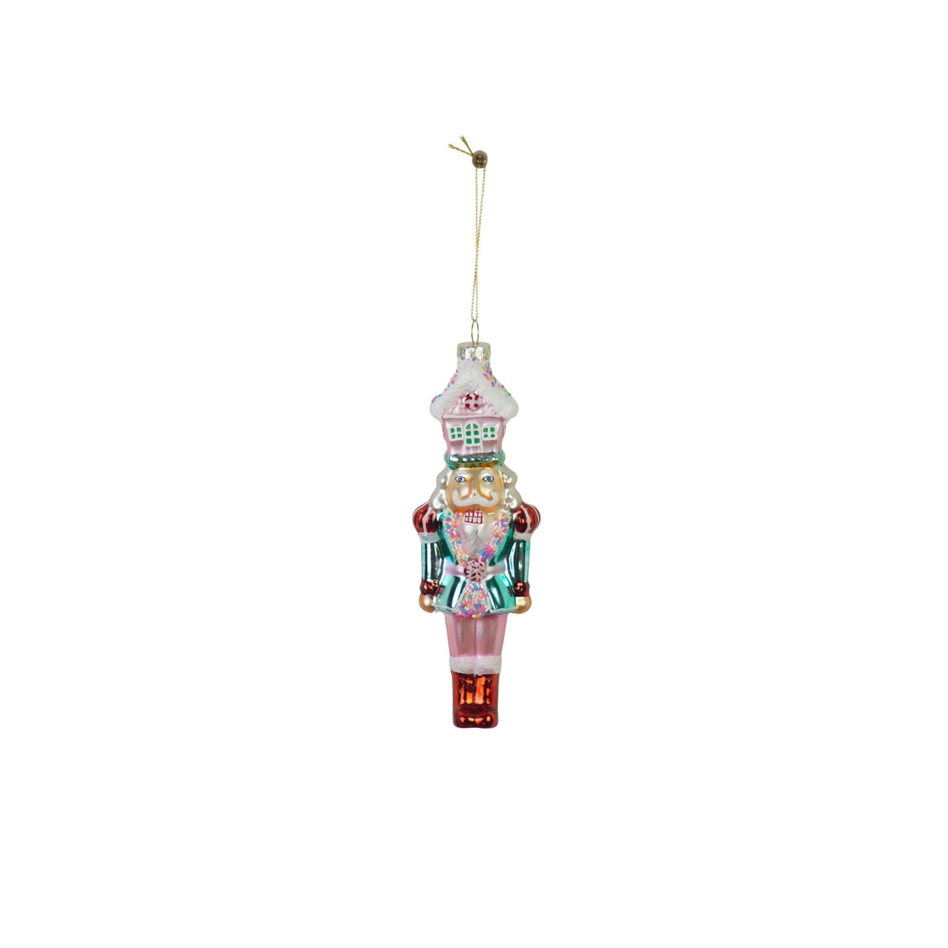 Kerstversiering - Kersthanger - Notenkraker met Snoephuisje -  Wit/ Roze -  Glas - 5,5x4x17,5cm