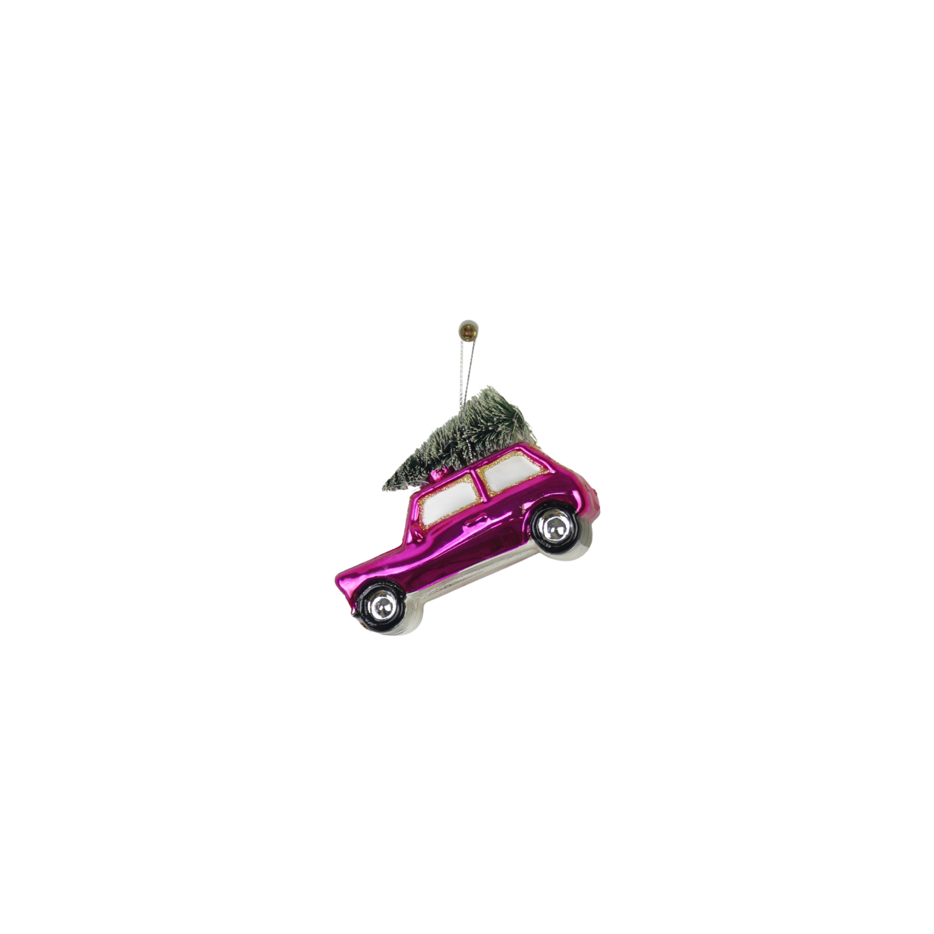 Kerstversiering -  Kersthanger - Roze auto met Kerstboom - Glas - 10x5x7cm