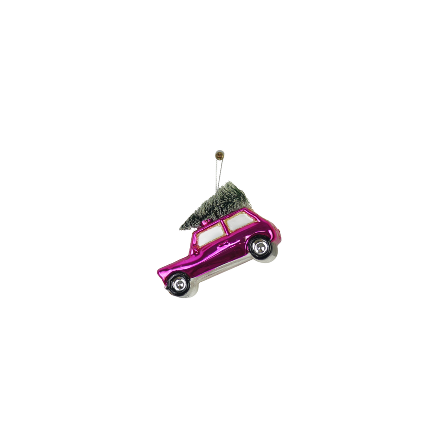 Christmas decoration - Christmas bauble - Pink car with Christmas tree - Glass - 10x5x7cm