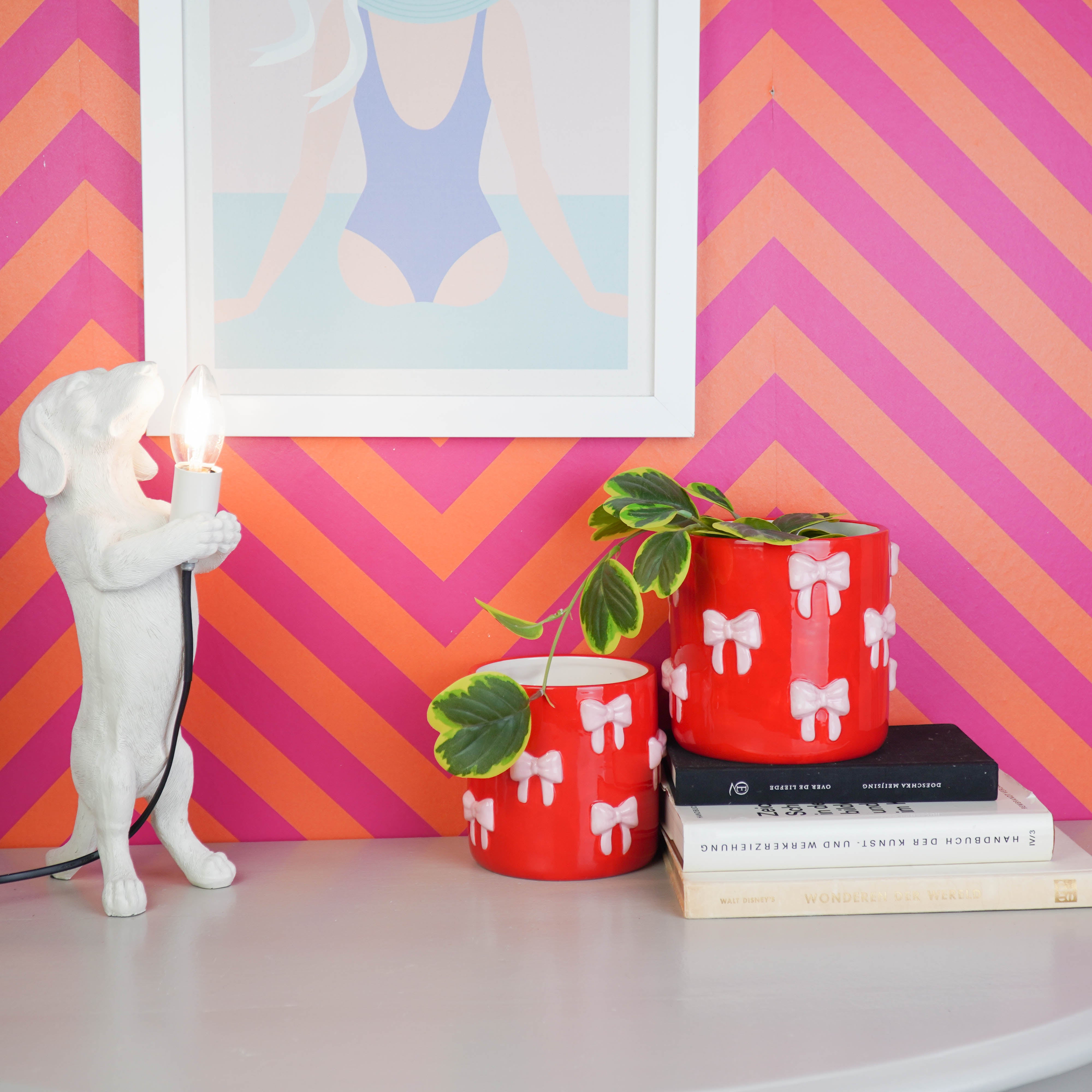 Pot - Planten Pot Strikjes - Dolomiet - Rood/Roze - 12.5x12.5x13 cm