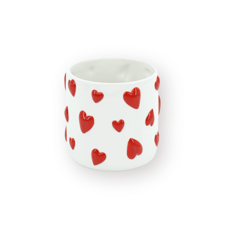 Pot - Plantenpot Hartjes - Dolomiet - Wit / Rood - 15.5x15.5x16 cm