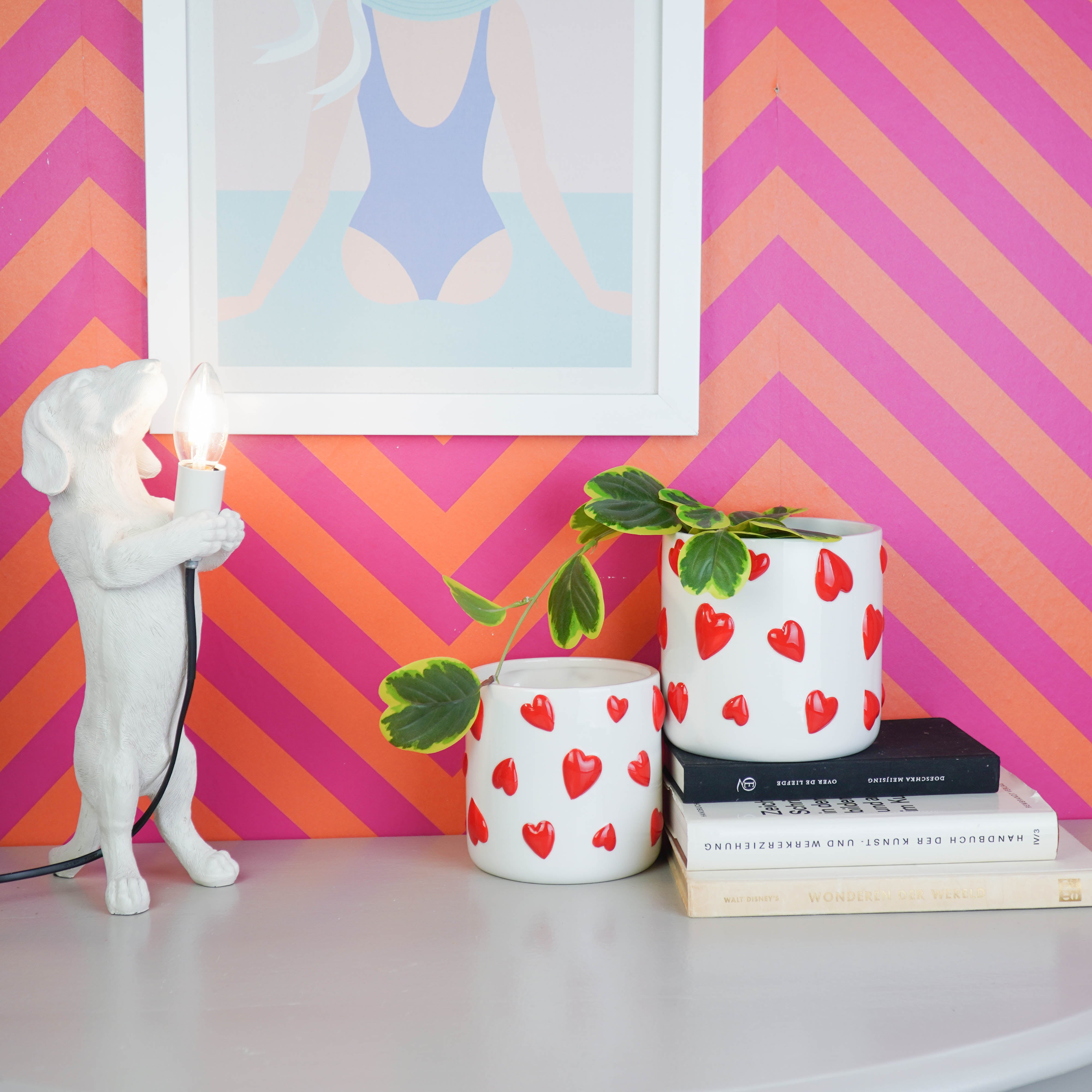 Pot - Planten Pot Hartjes - Dolomiet - Wit / Rood - 15.5x15.5x16 cm