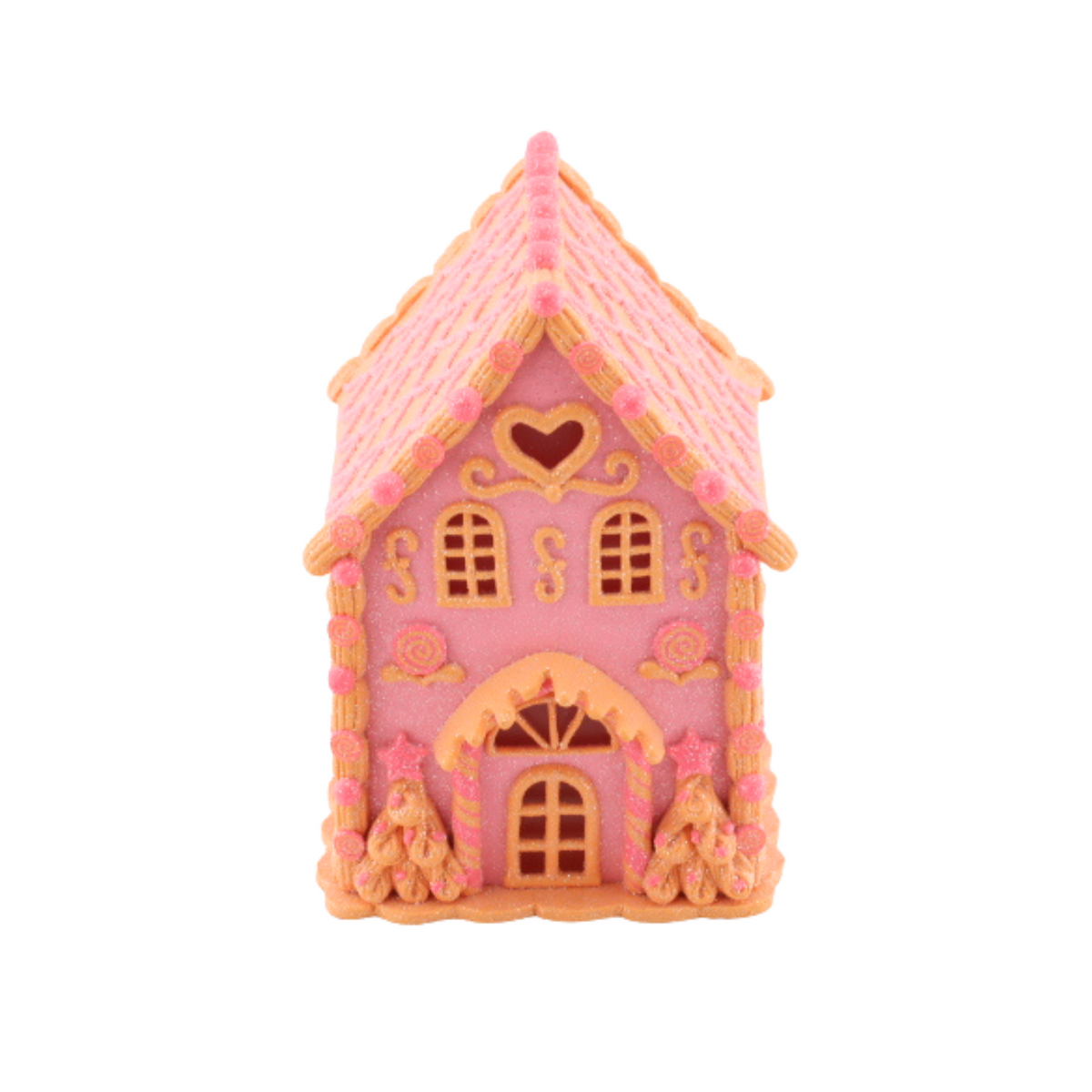 XMAS-Set Kerstdecoratie Set – LED Snoephuisje Roze/Oranje & 2 Roze Kerstboompjes – 12x31 en 11x23 cm – Candy Christmas