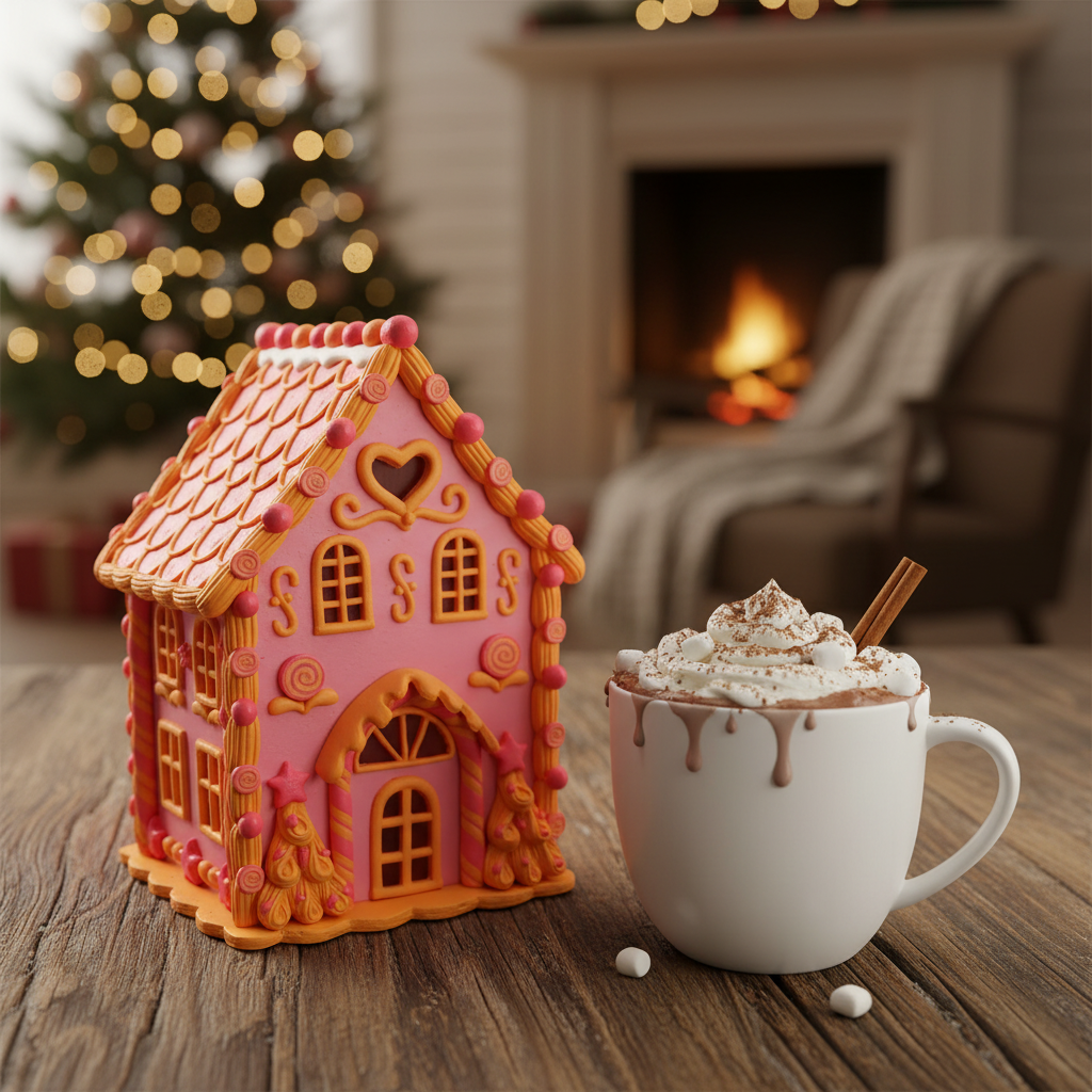 XMAS-Set Kerstdecoratie Set – LED Snoephuisje Roze/Oranje & 2 Roze Kerstboompjes – 12x31 en 11x23 cm – Candy Christmas