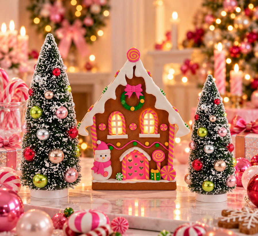 XMAS- Set Kerstdecoratie – LED Gingerbread Snoephuisje & 2 Groene Kerstboompjes – 31 en 23 cm – Kerstversiering