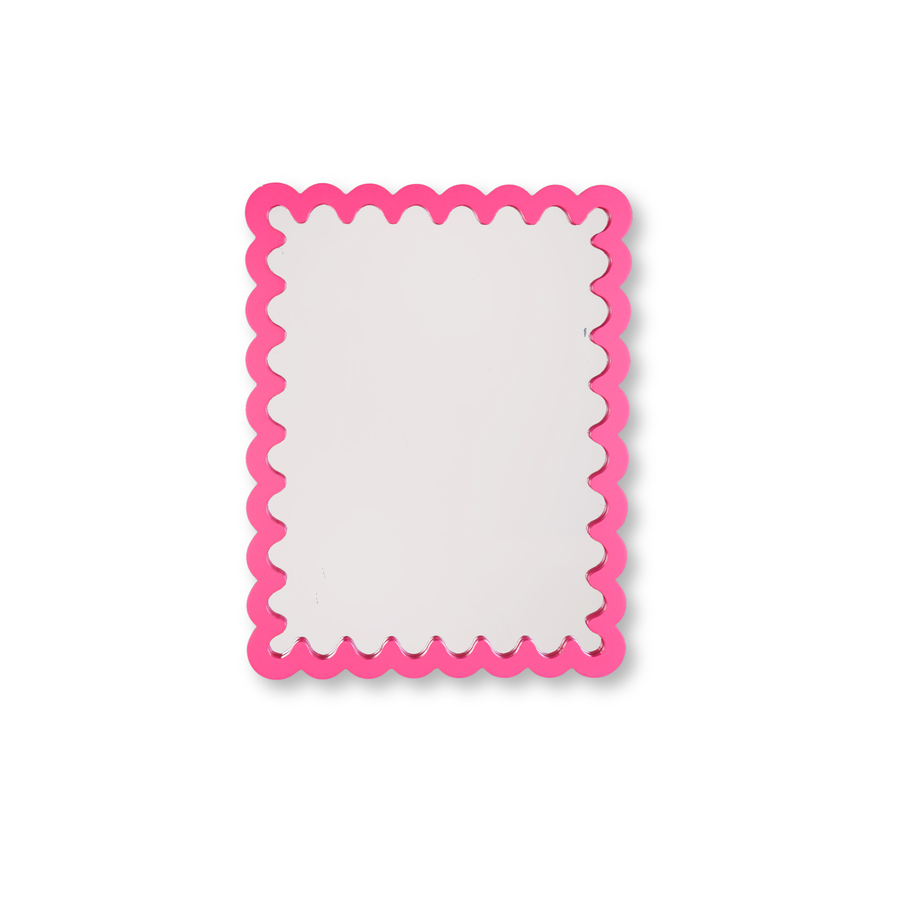 Spiegel - Wandspiegel met Golvende Rand - MDF - Fluor Roze - 24x33x1.5cm