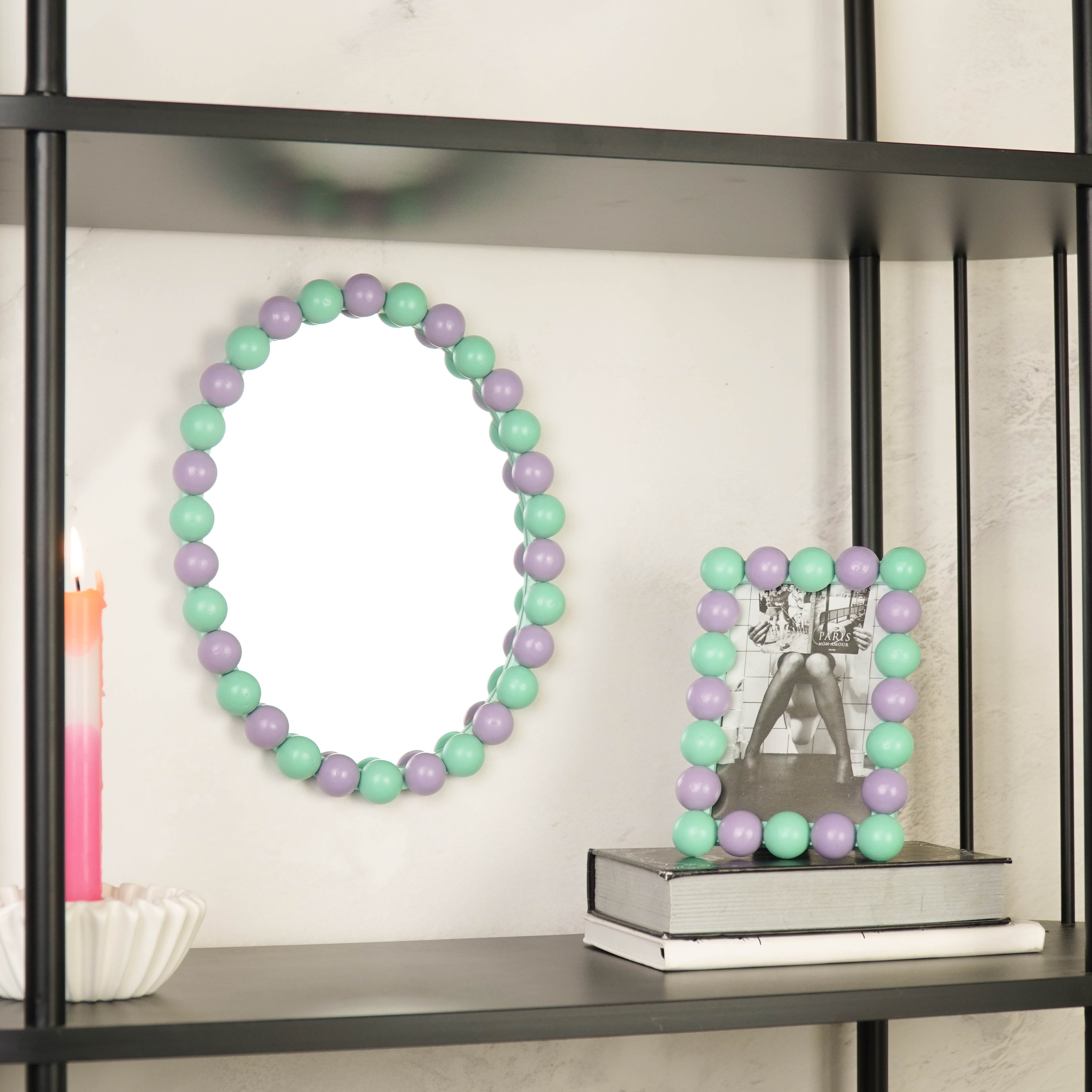 Spiegel - Wand Spiegel met Bolletjesrand - MDF/ Glas - Mint/ Lila - 29x22.5cm