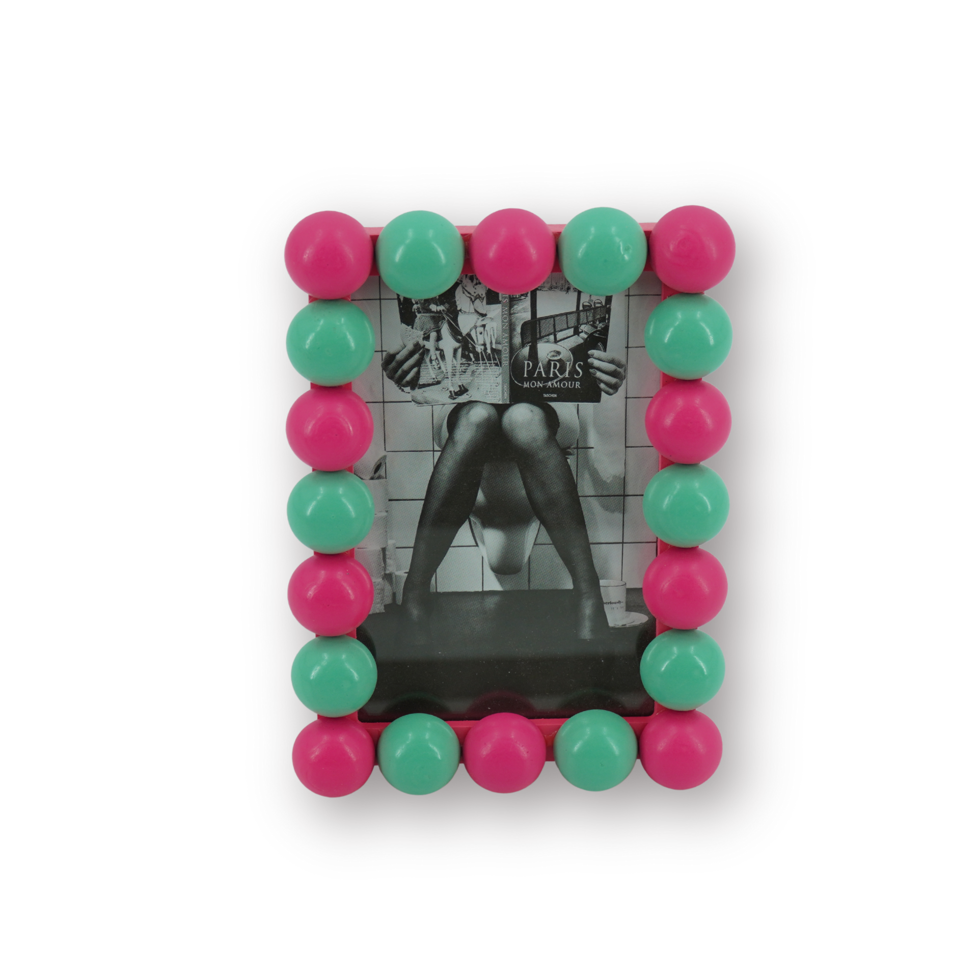 Fotolijst - Rechthoekig met Bolletjes Rand - MDF - Mint/ Neon Roze - 18.5x13.5cm