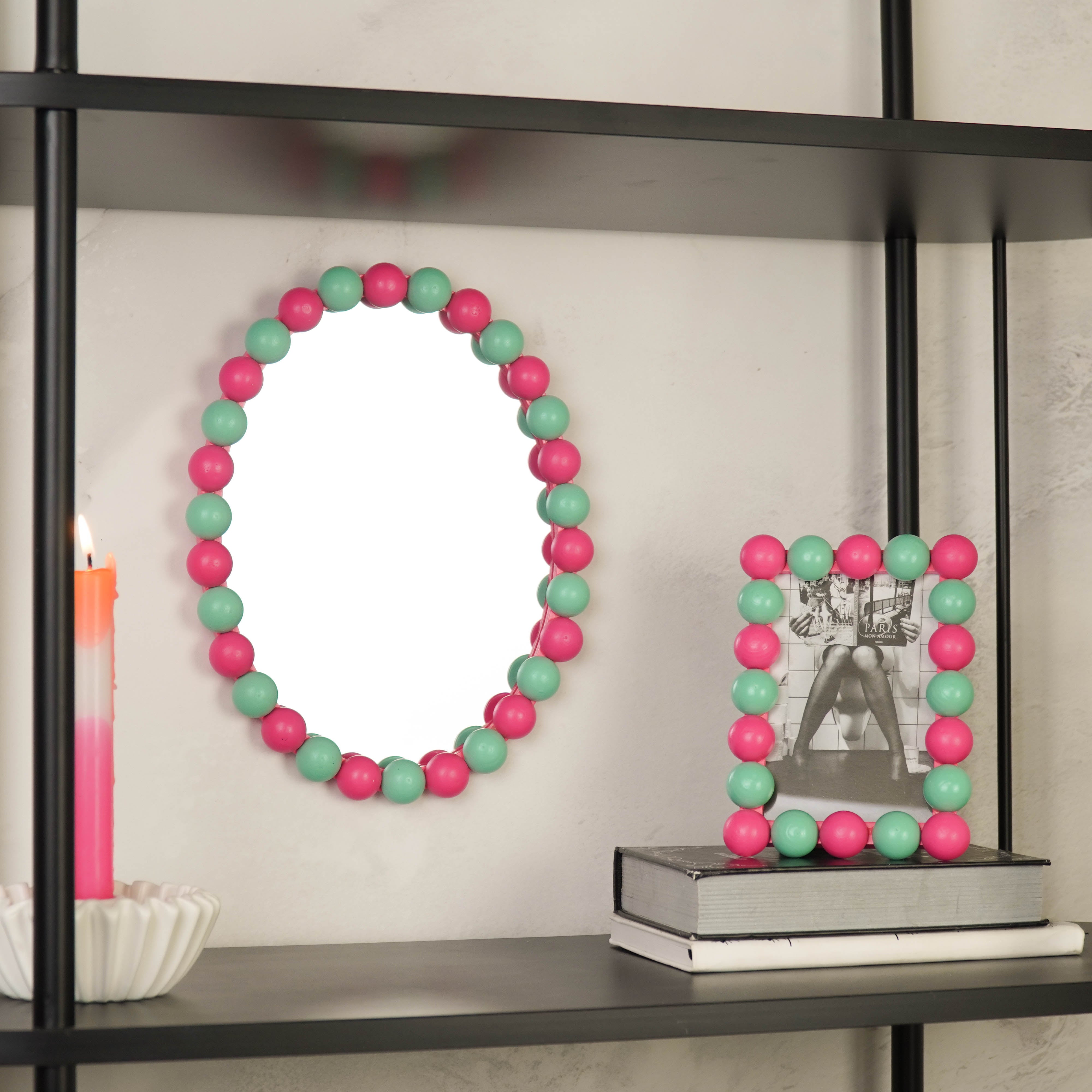Fotolijst - Rechthoekig met Bolletjes Rand - MDF - Mint/ Neon Roze - 18.5x13.5cm
