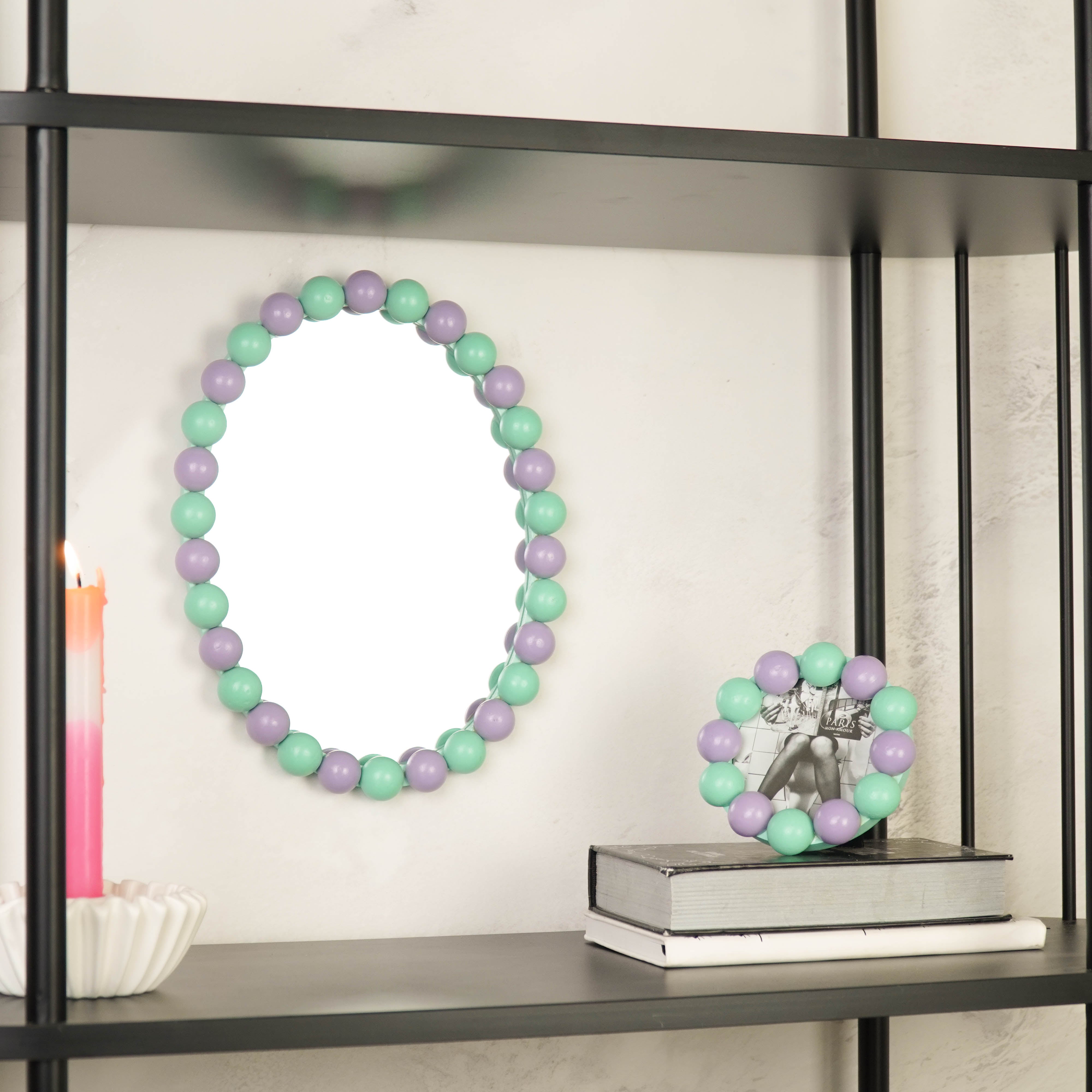 Fotolijst - Rond met Bolletjes Rand - MDF - Mint/ Lila - 14.5x14.5cm