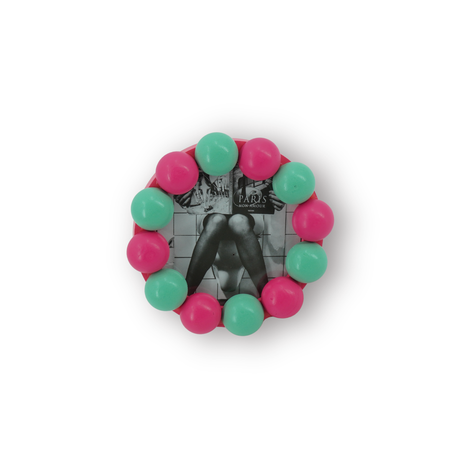 Fotolijst - Rond met Bolletjesrand - MDF - Mint/ Neon Roze - 14.5x14.5cm