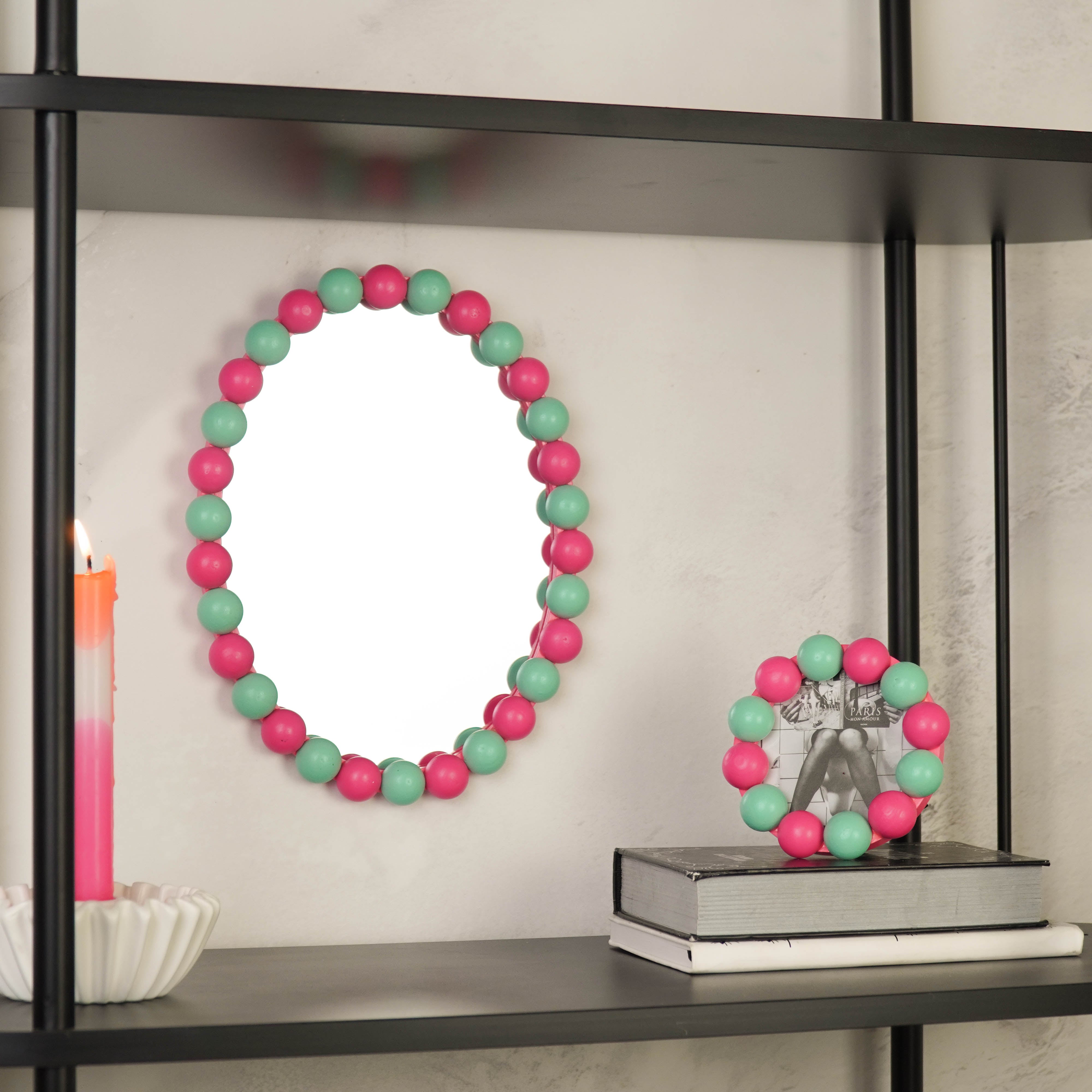 Fotolijst - Rond met Bolletjes Rand - MDF - Mint/ Neon Roze - 14.5x14.5cm