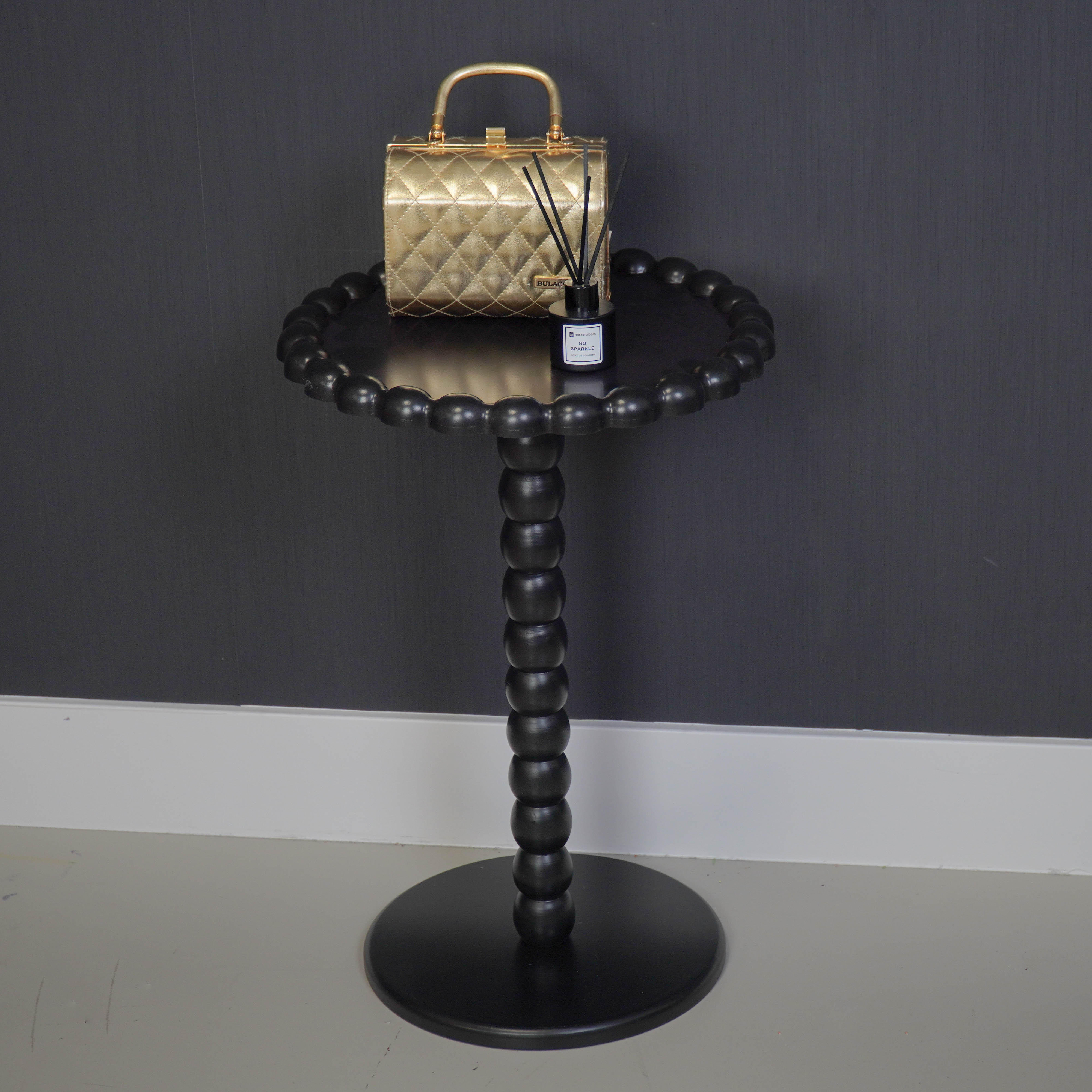 Bijzettafel - Ronde Bijzettafel met Bolletjesrand en Poot - MDF - Zwart - 38X55cm