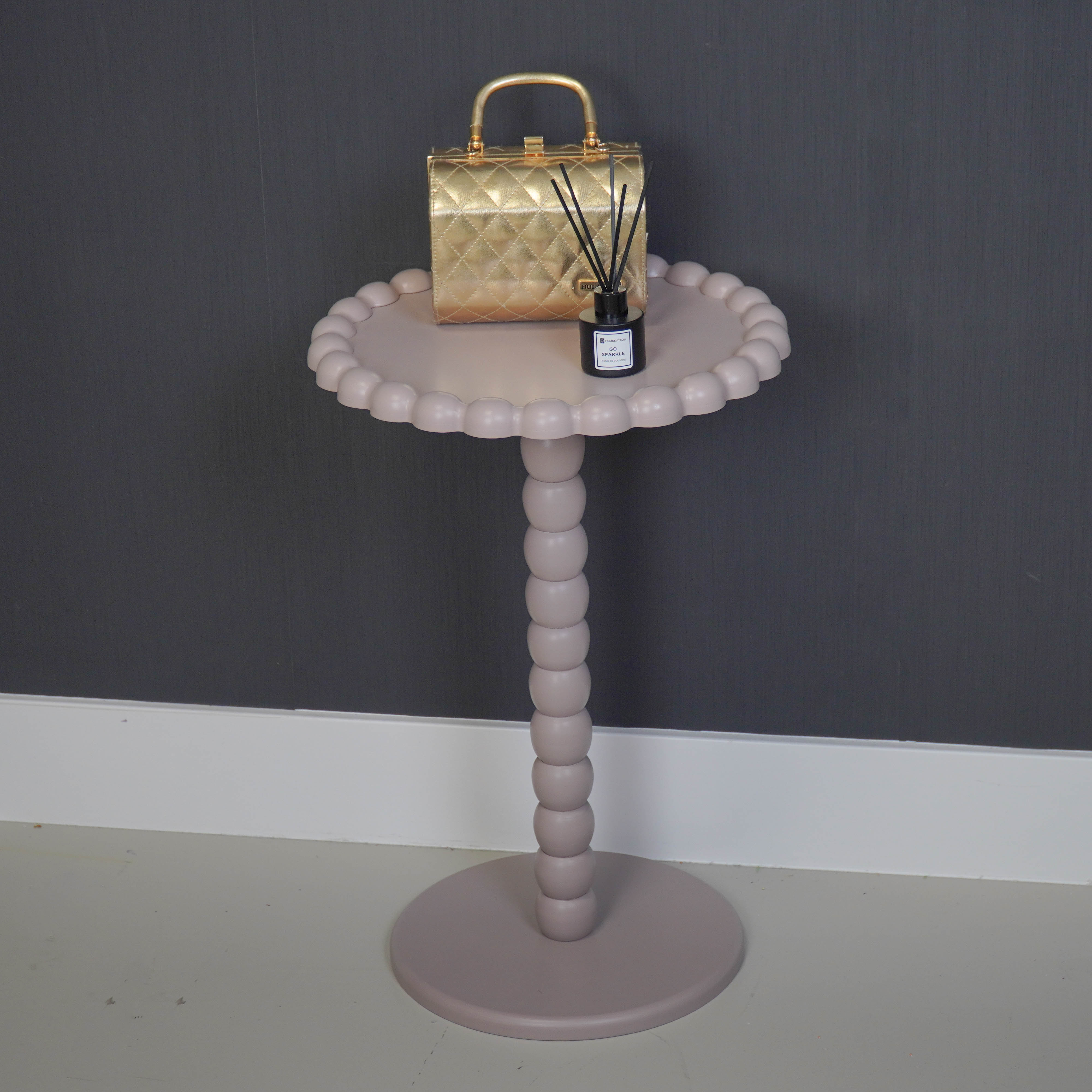 Side table - Round Side Table with Bobble Edge and Leg - MDF - Taupe - 38X55cm